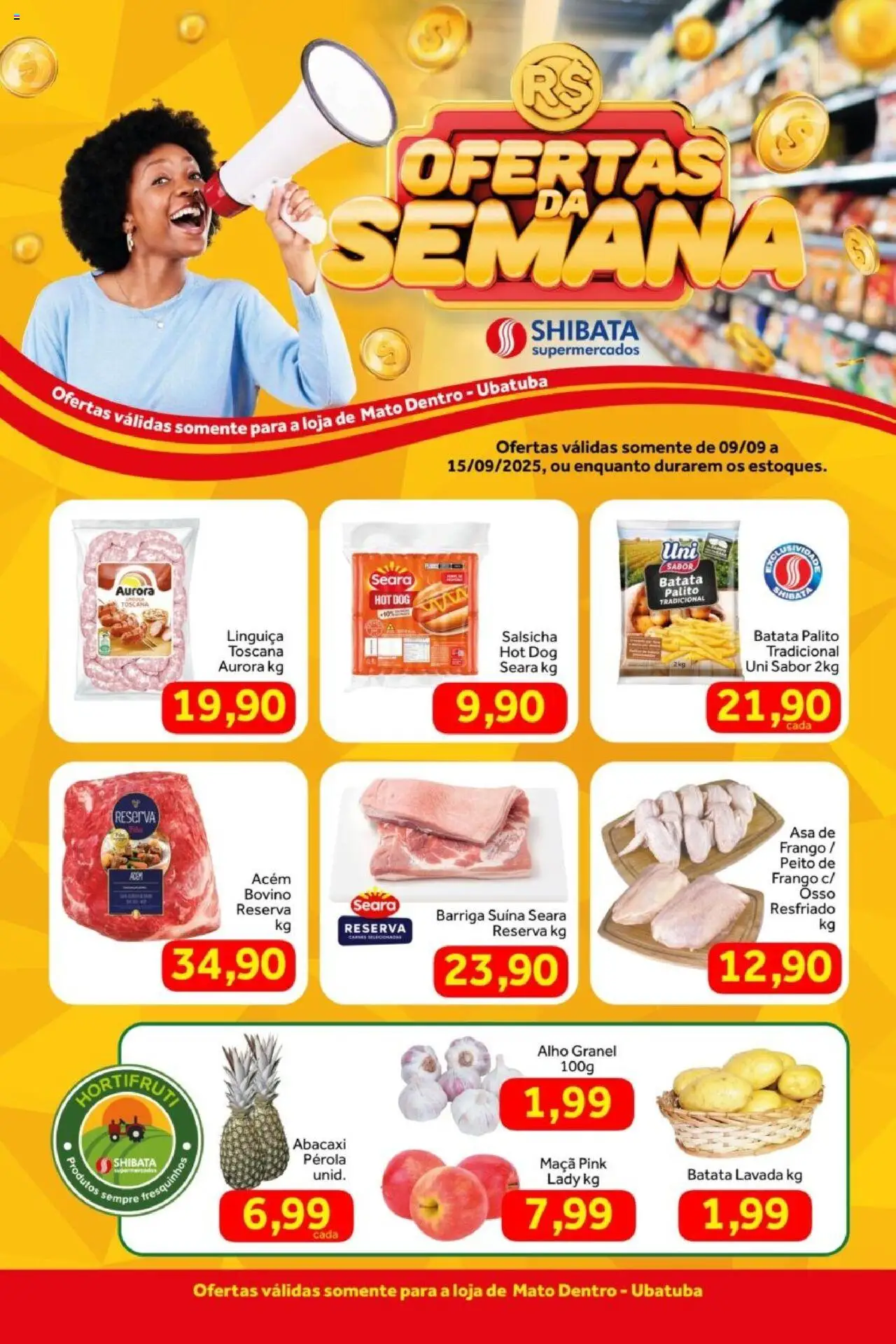 Shibata folheto "Ofertas Ubatuba" válido a partir de 09/09/2025 - número de página 1 - Abacaxi, Batata, Frango, Linguiça, Alho, Asa de frango, Acém, Barriga suína