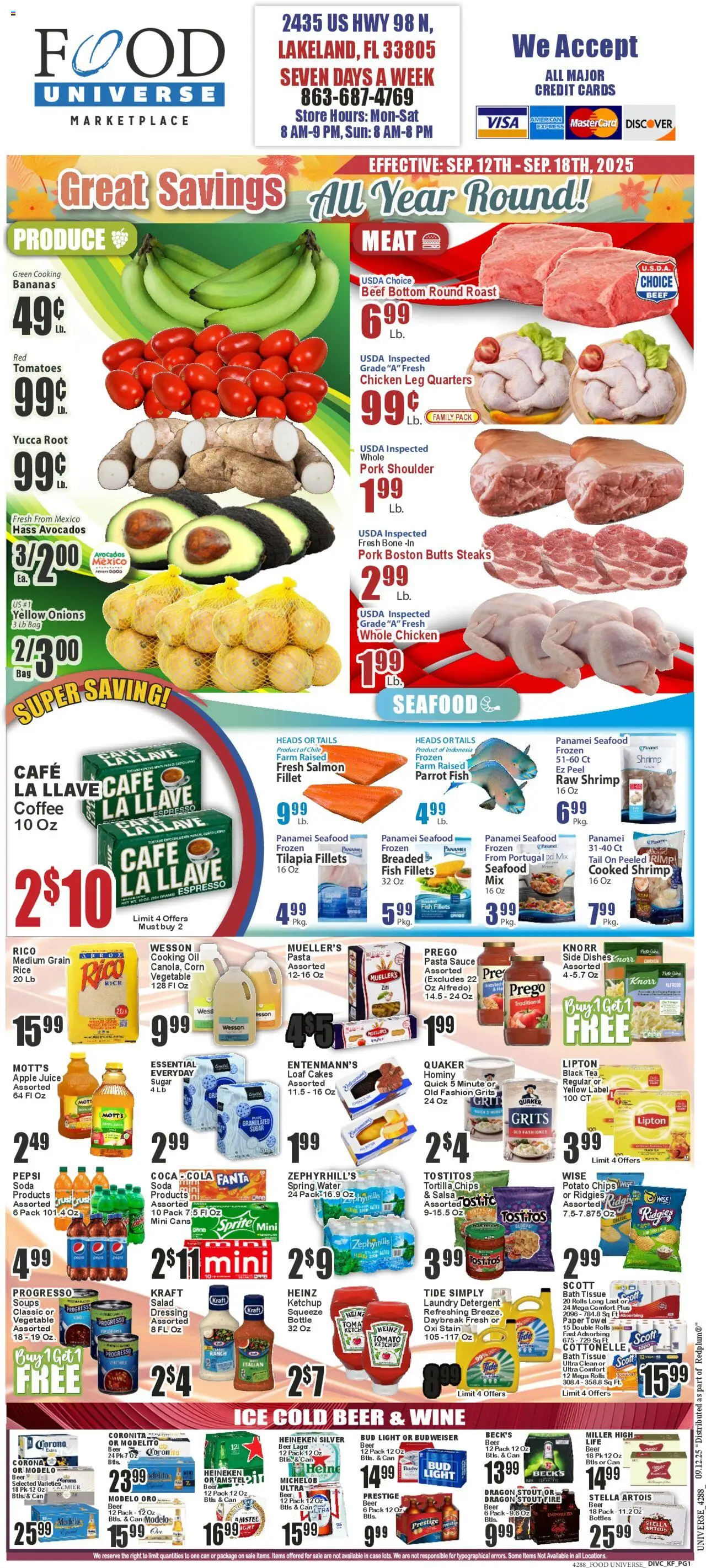 Food Universe Weekly Ad from 09/12/2025 - Flyer - Page number 1 - Coffee, Dressing, Shrimp, Pepsi, Tilapia, Laundry detergent, Heineken, Black tea