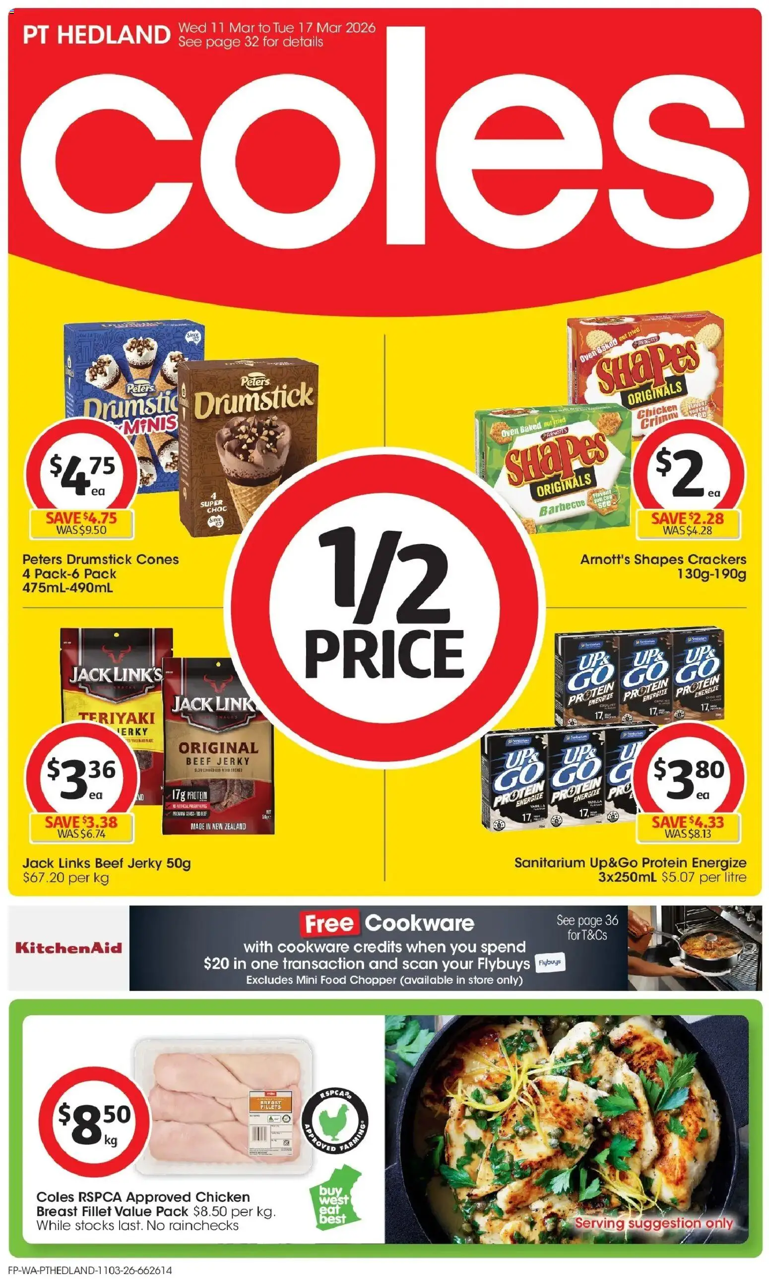 Preview of catalogue Coles catalogue PT Hedland from shop Coles valid 11/03/2026 - Food, Grass, Crackers, Protein, Chicken, Beef, Cookware, Oven