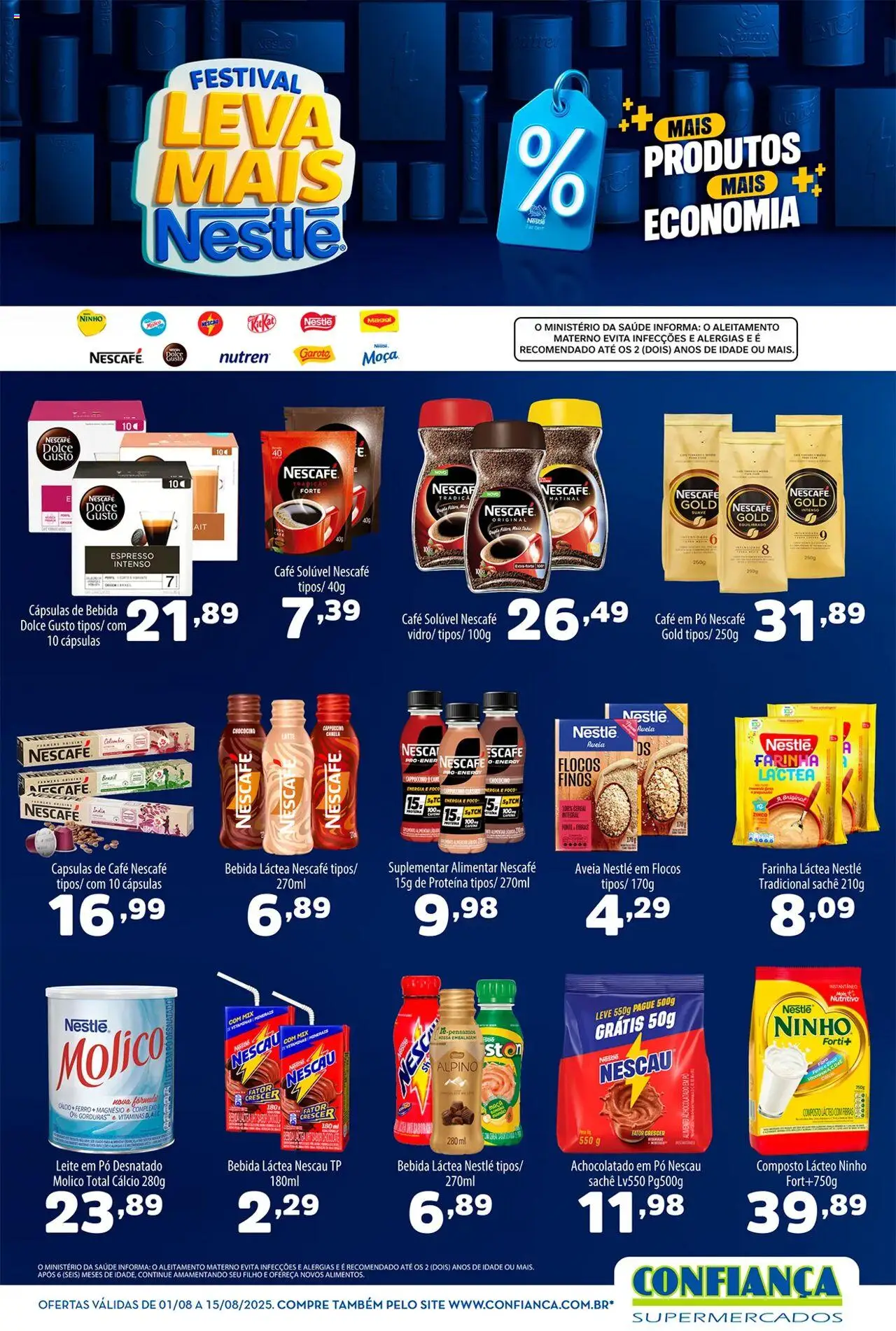 Confiança folheto "Ofertas Nestlé" válido a partir de 01/08/2025 - número de página 1 - Leite, Proteína, Nescau, Pó, Cápsulas, Cálcio, Café solúvel, Flocos
