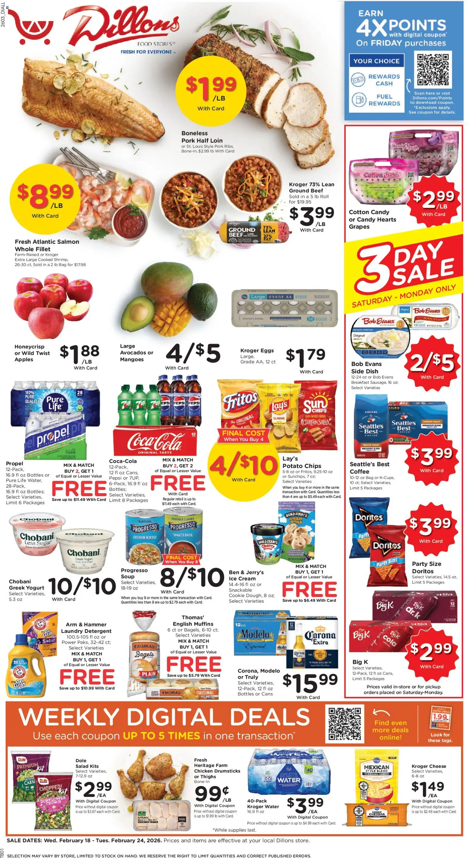 Ad Preview of Dillons Weekly Ad from 02/18/2026 - Coffee, Apples, Ice cream, Salmon, Pepsi, Greek yogurt, Chicken thighs, Laundry detergent