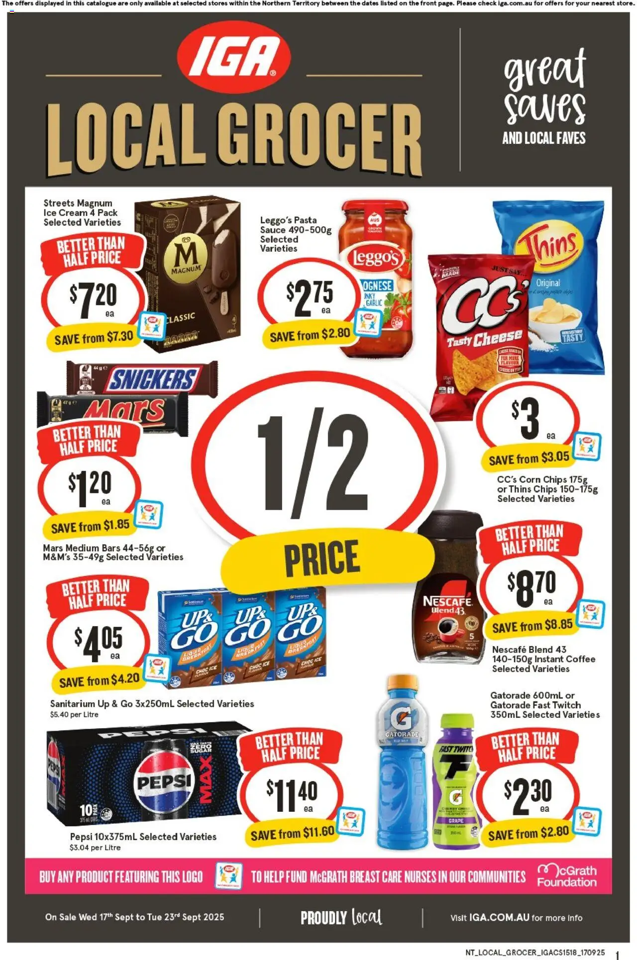 IGA catalogue valid from 17/09/2025 - page 1 - Corn, Coffee, Sauce, Garlic, Ice, Nescafe, Up & go, Instant coffee