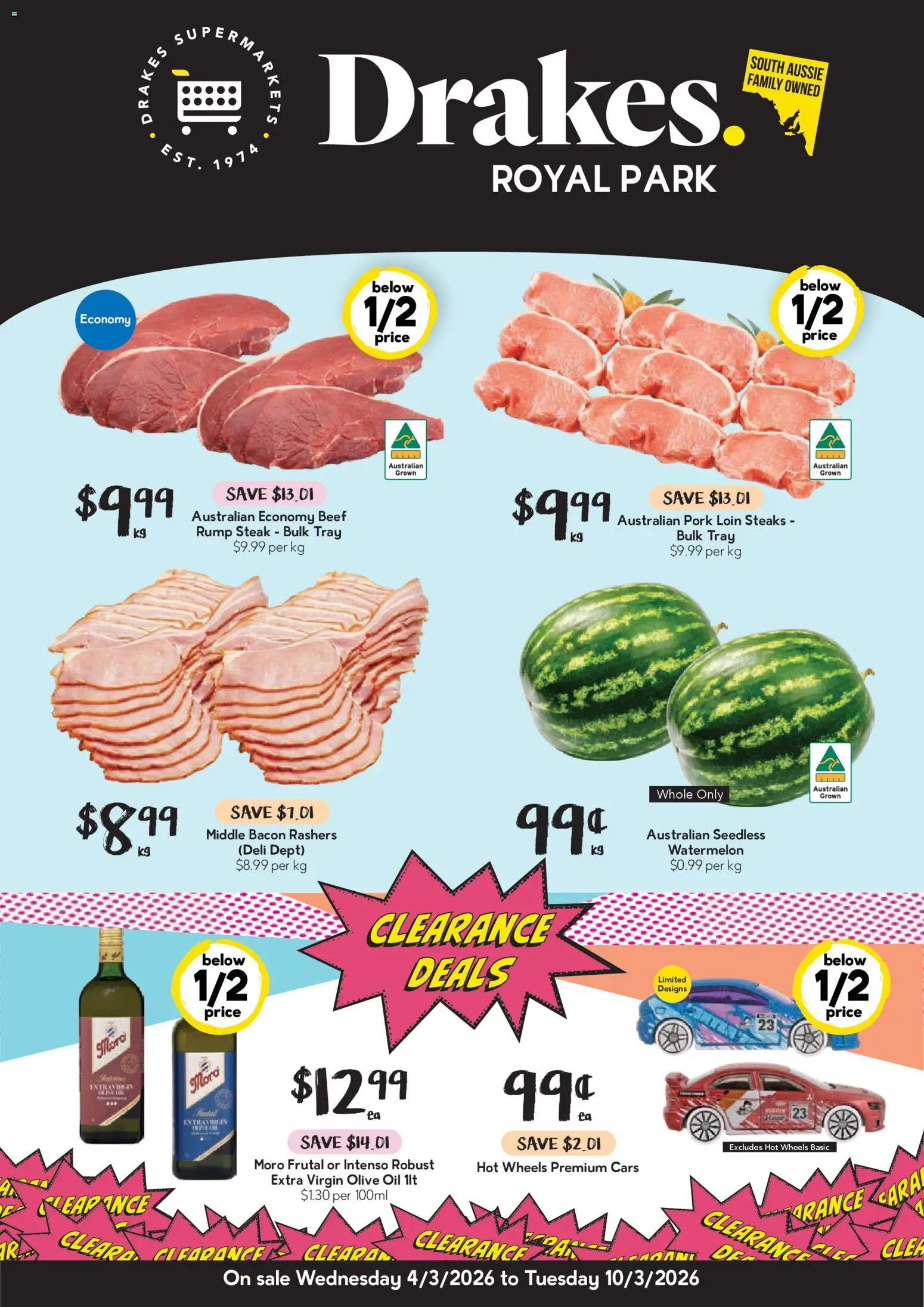 Preview of catalogue Drakes catalogue Royal Park from shop Drakes valid 04/03/2026 - Pork loin, Oil, Pork, Beef, Steak, Watermelon, Extra virgin olive oil, Rump steak