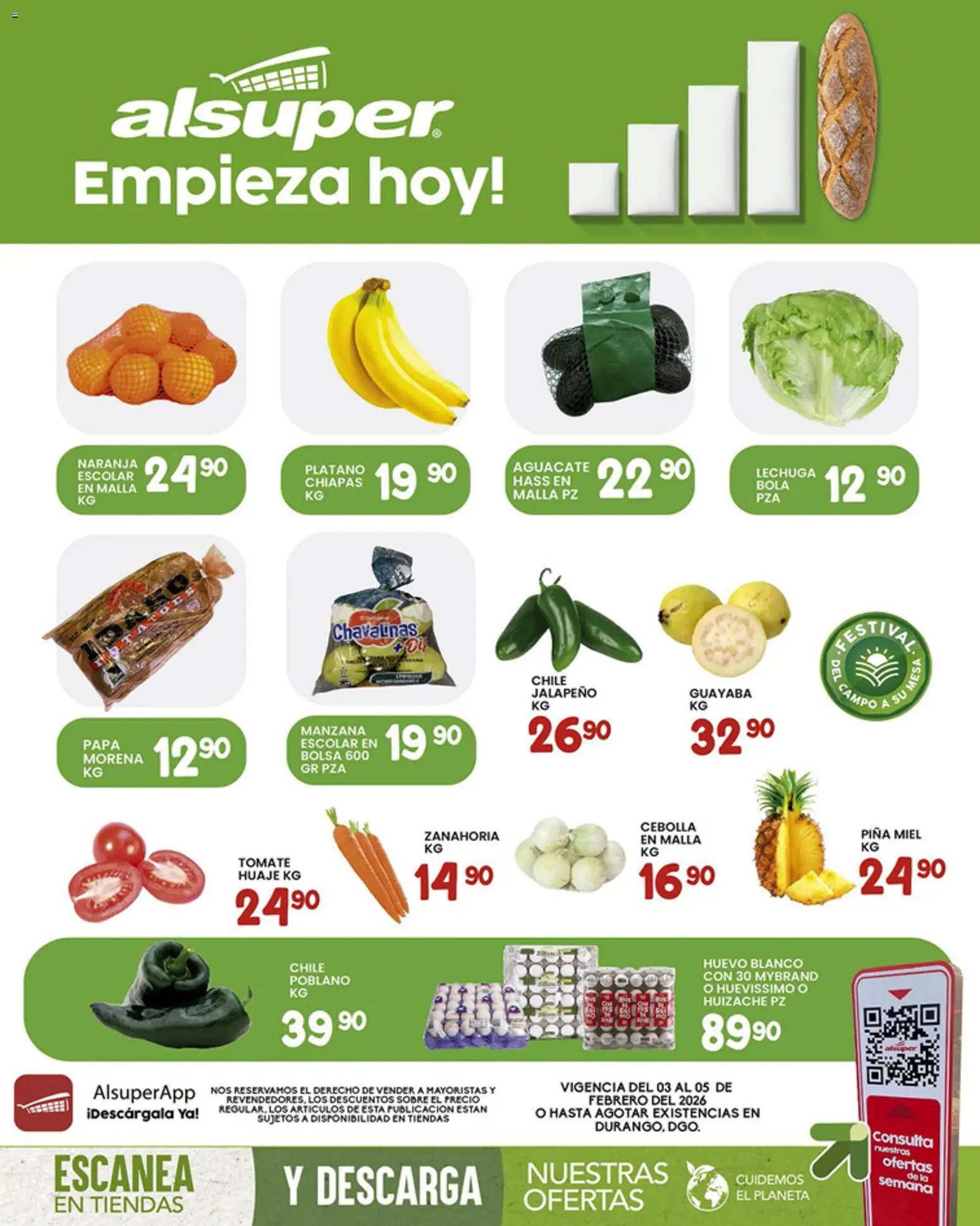 Vista previa las ofertas de la tienda Alsuper - Folleto Durango desde el 03/02/2026 - Papa, Manzana, Chile, Bolsa, Plátano, Cebolla, Lechuga, Sobre