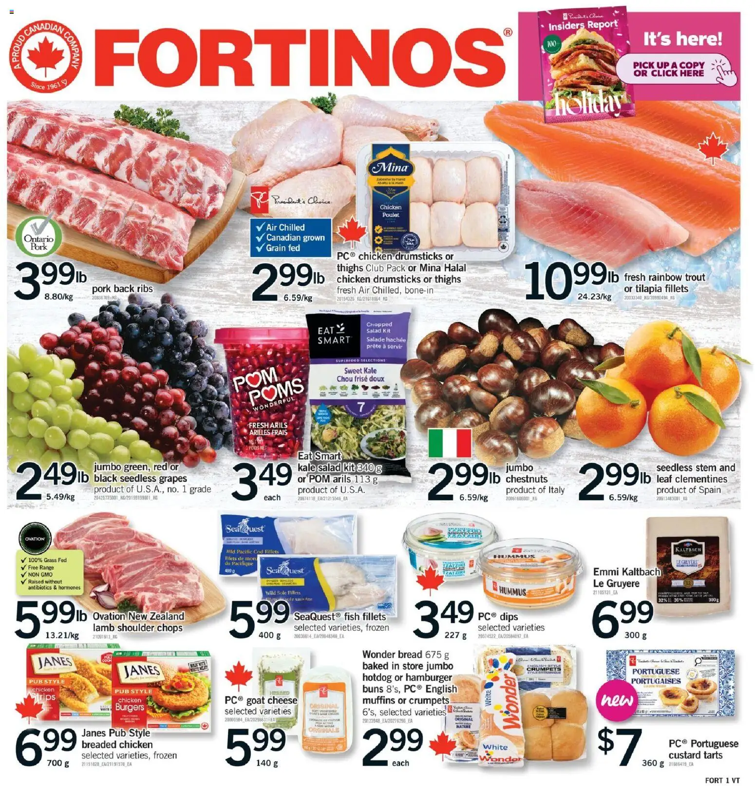 Preview of leaflet Vaughan from shop Fortinos is valid from Oct 30, 2025 - Burgers, Salad, Tilapia, Pork, Grapes, Chicken drumsticks, Chicken strips, Seedless grapes