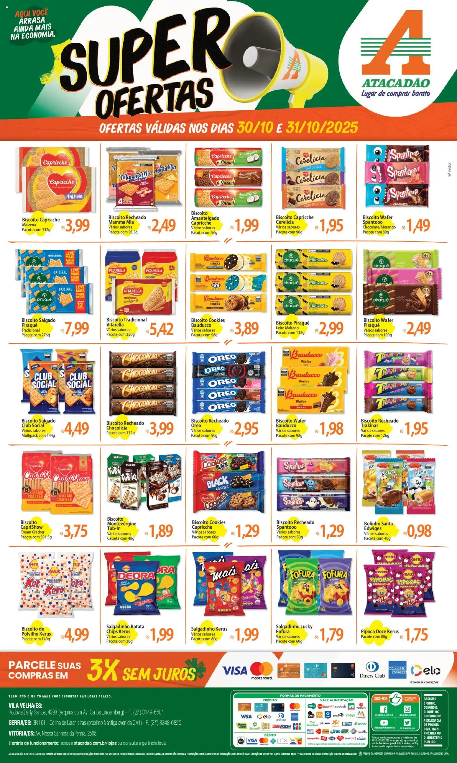 Pré-Visualização do folheto "Ofertas - ES" da loja Atacadão válido a partir de 30/10/2025 - Chocolate, Pão, Pipoca, Biscoito, Batata, Mel, Polvilho, Cream cracker
