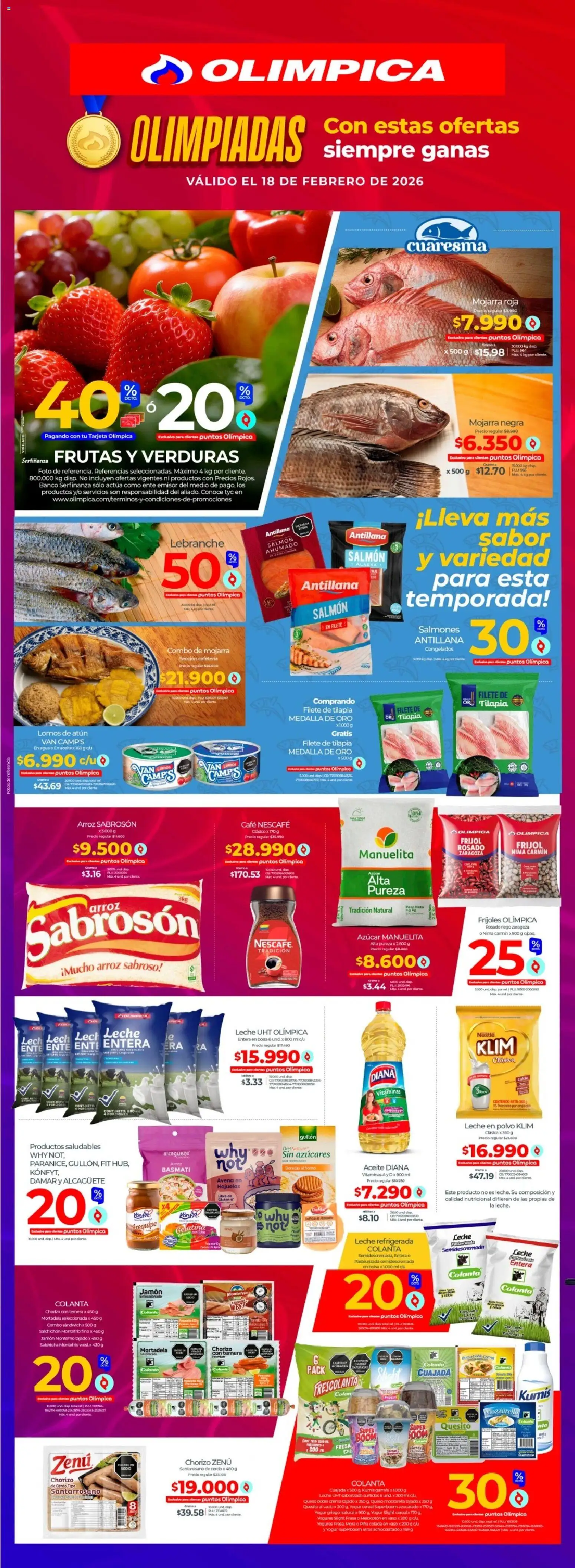  Vista previa del prospecto Miércoles de plaza del almacen Olímpica válida del 18/02/2026 al 18/03/2026 - Banco, Agua, Vitaminas, Vaso, Aceite, Avena, Jamón, Salmón ahumado