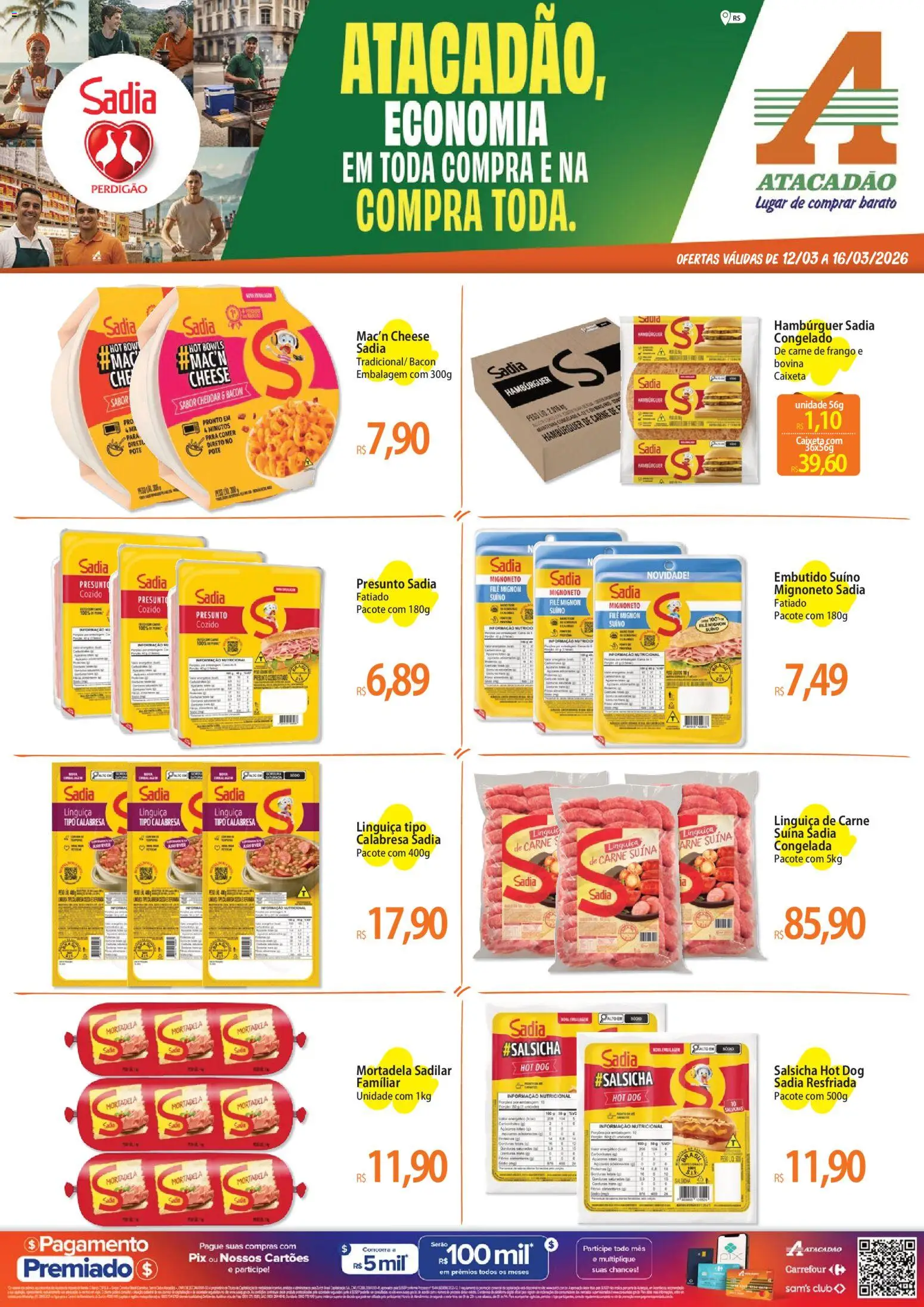 Pré-Visualização do folheto "Atacadão ofertas - RS" da loja Atacadão válido a partir de 12/03/2026 - Hambúrguer, Salsicha, Carne, Cheddar, Bacon, Presunto, Filé mignon, Carne de frango