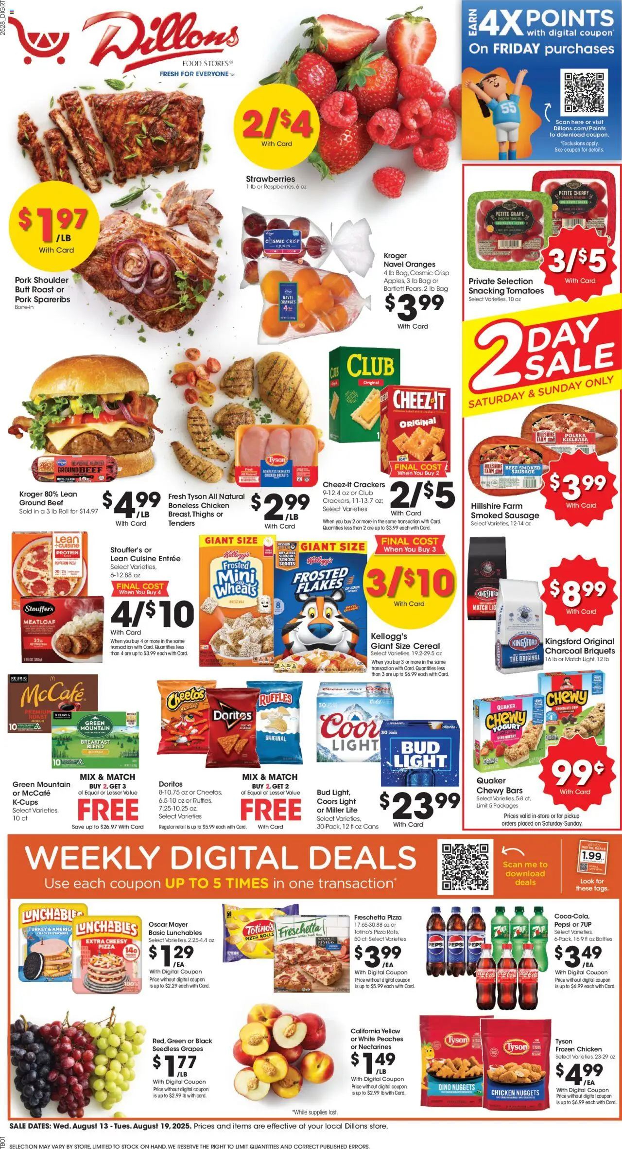 Dillons Weekly Ad - KS from 08/13/2025 - Flyer - Page number 1 - Pizza, Strawberries, Peaches, Cereal, Corn, Pepsi, Beef, Chicken breasts