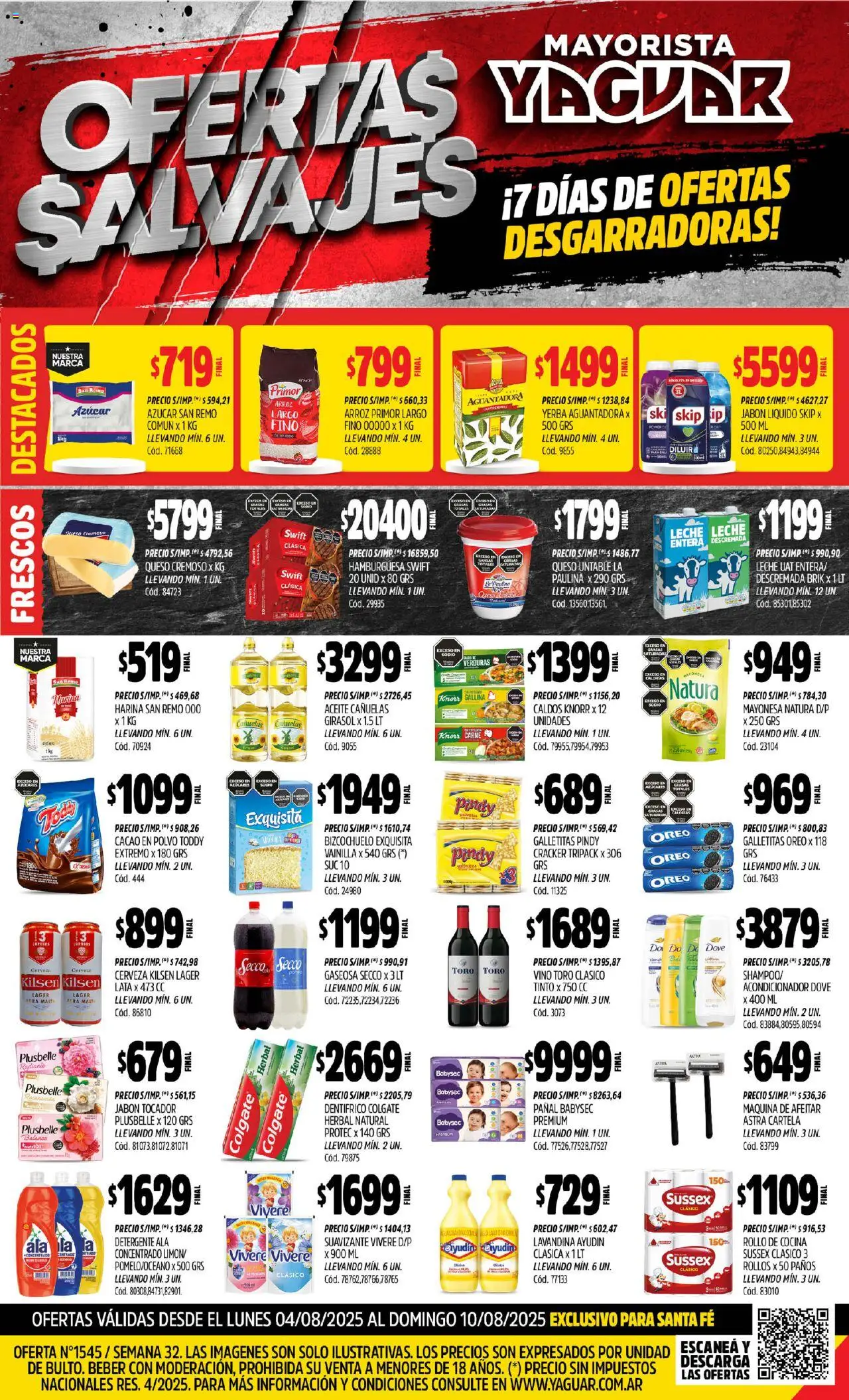 Yaguar Santa Fe del 04/08/2025 Online - Vino, Oreo, Leche, Lavandina, Maquina de afeitar, Cacao, Jabón líquido, Radiante
