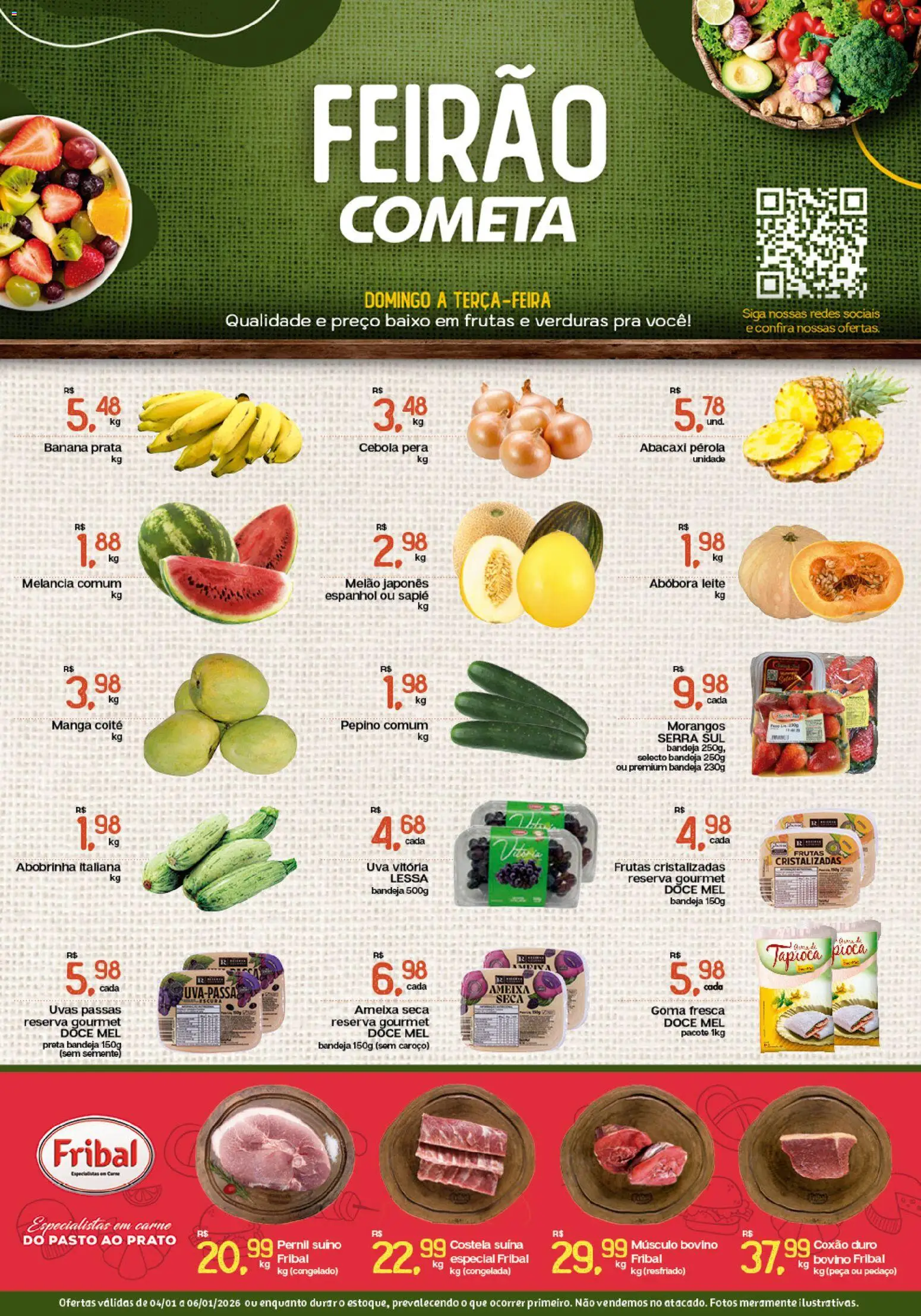 Pré-Visualização do folheto "Ofertas Feirão" da loja Cometa Supermercados válido a partir de 04/01/2026 - Manga, Uva, Uvas, Carne, Doce, Ameixa, Cebola, Coxão duro