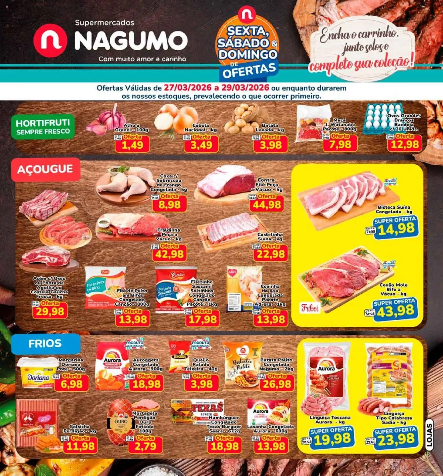 Pré-Visualização do folheto "Nagumo ofertas FDS" da loja Nagumo válido a partir de 27/03/2026 - Salsicha, Ovos, Queijo, Carrinho, Fraldinha, Bandeja, Acém, Coxão mole