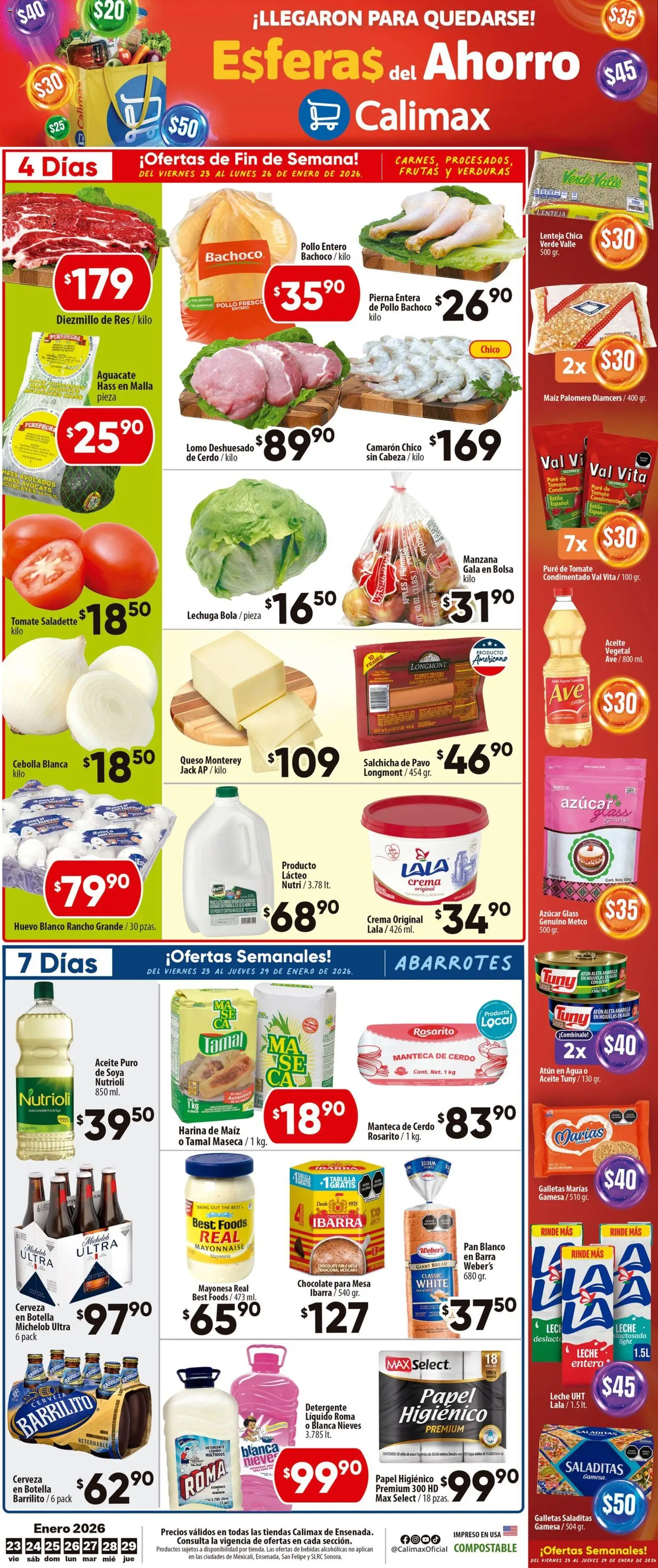 Vista previa las ofertas de la tienda Calimax - Folleto Ensenada desde el 23/01/2026 - Chocolate, Leche, Huevo, Aceite, Mayonesa, Barra, Res, Malla