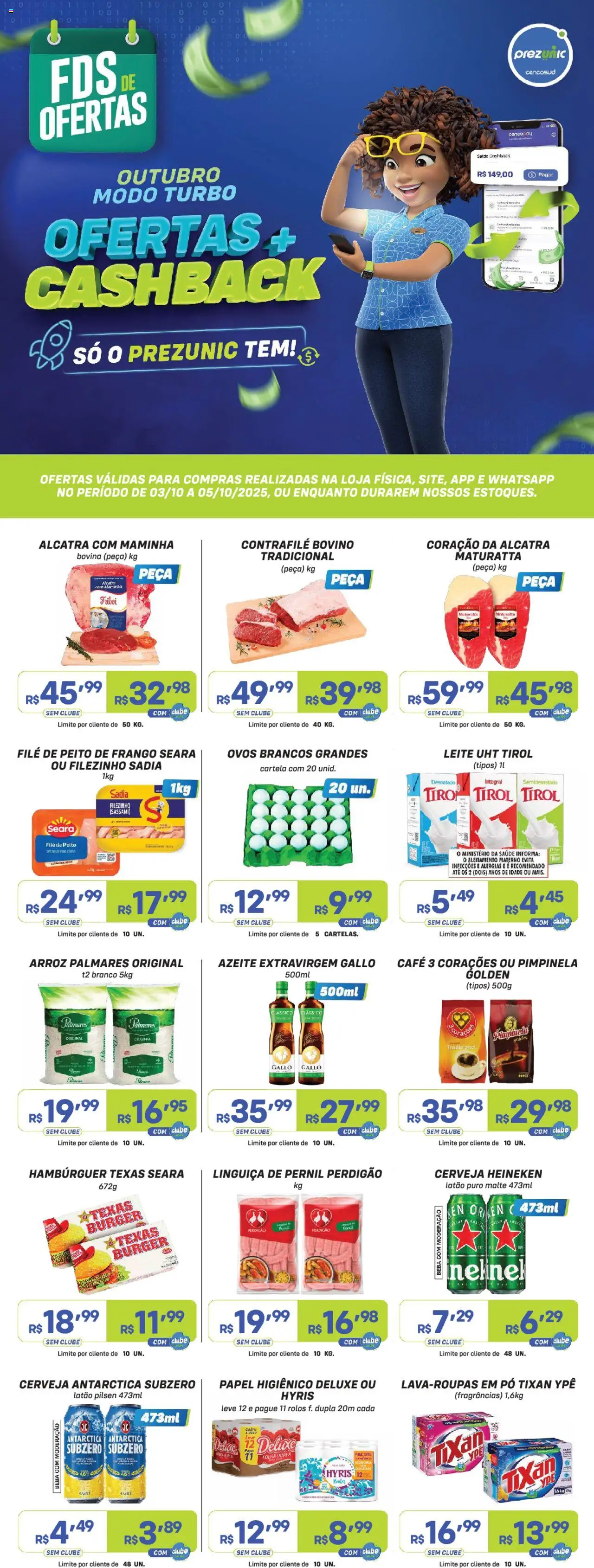 Prezunic folheto "Encarte FDS" válido a partir de 03/10/2025 - número de página 1 - Hambúrguer, Ovos, Leite, Azeite, Papel higiênico, Peito de frango, Linguiça, Pernil