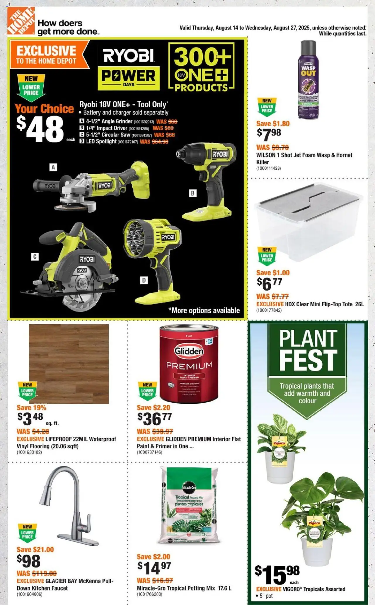 Home Depot flyer valid from Aug 14, 2025 - page number 1 - Grinder, Battery, Ryobi, Foam