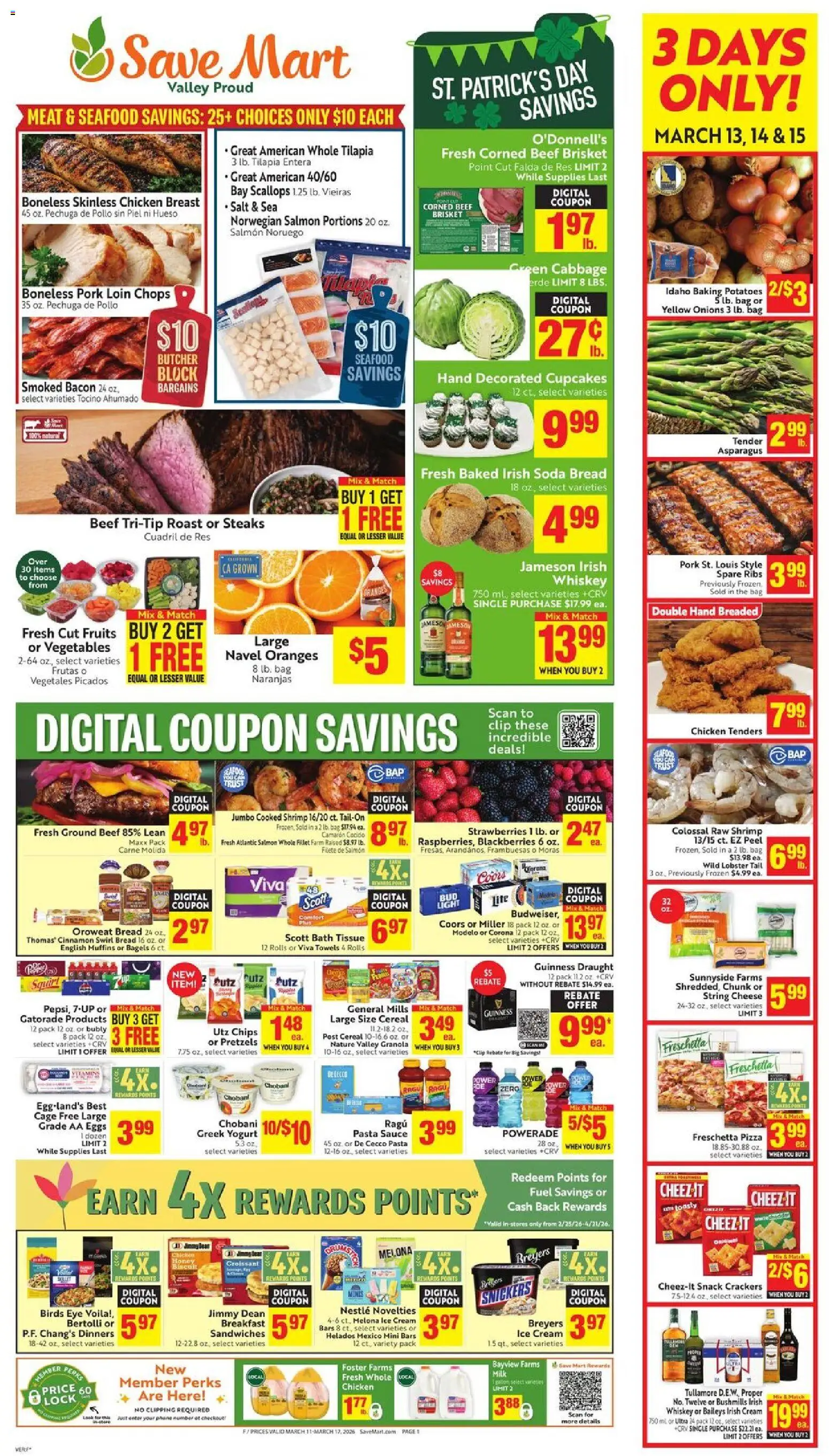 Ad Preview of Save Mart Save Mart Weekly - CA from 03/11/2026 - Milk, Yogurt, Asparagus, Greek yogurt, Crackers, Clip, Pork loin, Chicken