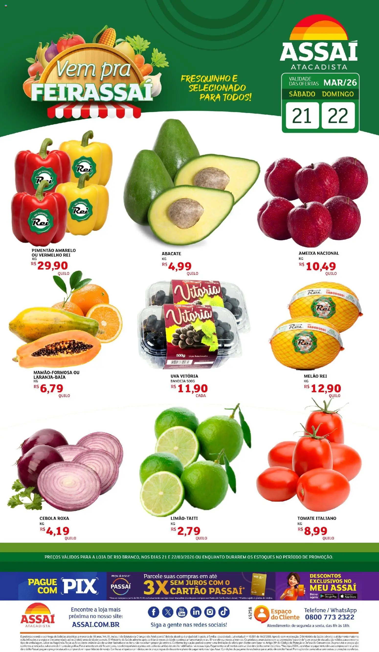 Pré-Visualização do folheto "Assaí Atacadista ofertas - AC" da loja Assaí Atacadista válido a partir de 21/03/2026 - Telefone, Uva, Bebida, Uvas, Ameixa, Tomate, Melão, Pimentão