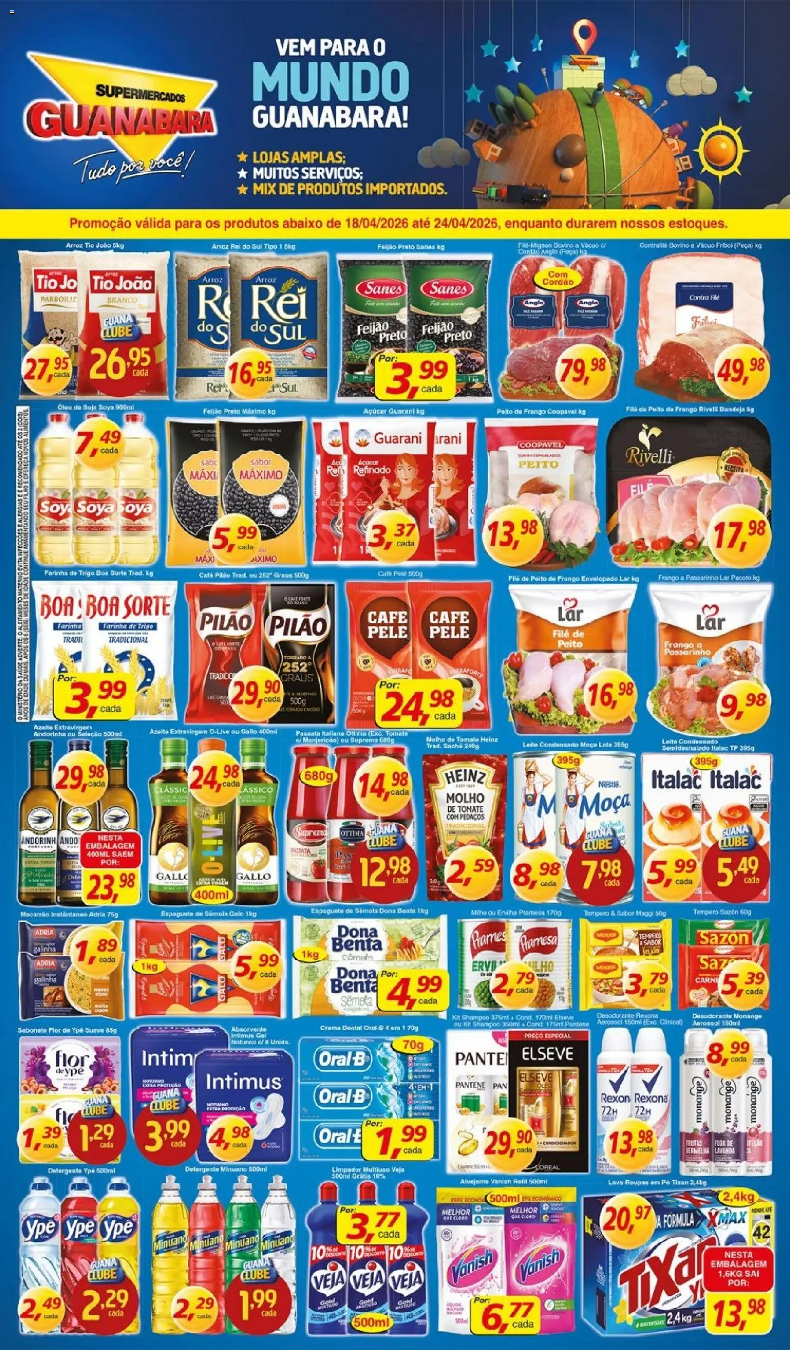 Pré-Visualização do folheto "Guanabara promoção" da loja Supermercados Guanabara válido a partir de 18/04/2026 - Pá, Desodorante, Azeite, Peito de frango, Rexona, Espaguete, Alvejante, Contra filé