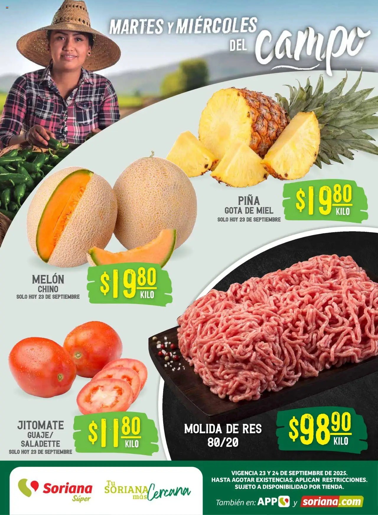 Martes y Miércoles del Campo Súper: Nuevo León, Ciudad Victoria y Tampico Soriana y sus promociones válidas desde el 23/09/2025 - Número de página 1 - Piña, Miel, Res, Melón