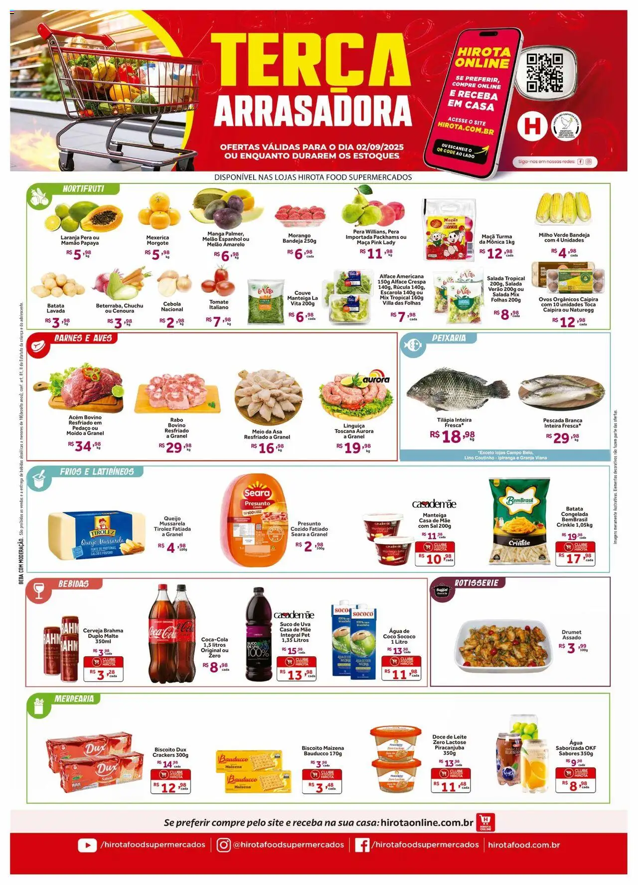 Hirota Food folheto "Ofertas do Dia" válido a partir de 02/09/2025 - número de página 1 - Manga, Água, Uva, Chuchu, Tomate, Aves, Milho, Bandeja