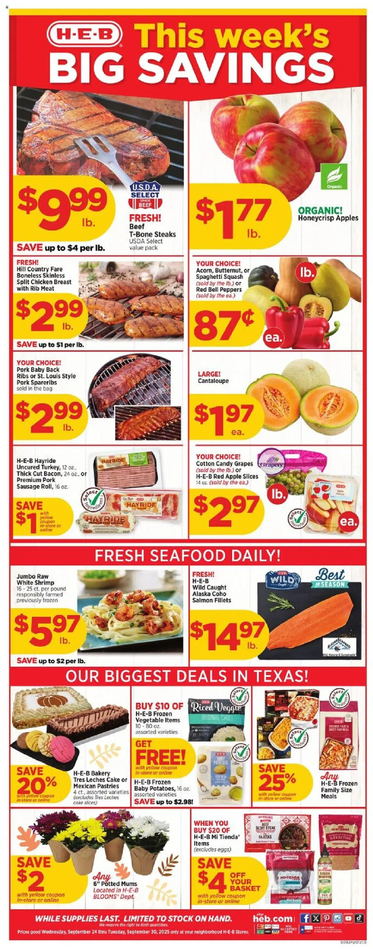 Ad Preview of H-E-B Weekly Ad from 09/24/2025 - Cake, Shrimp, Meat, Squash, Sausage, Beef, Basket, Chicken