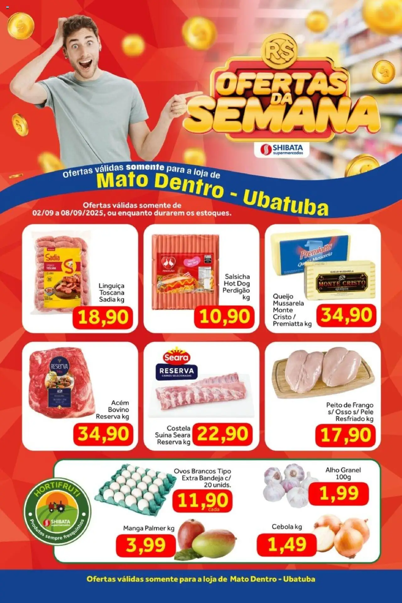 Shibata folheto "Ofertas Ubatuba" válido a partir de 02/09/2025 - número de página 1 - Ovos, Mussarela, Peito de frango, Cebola, Linguiça, Bandeja, Alho, Acém