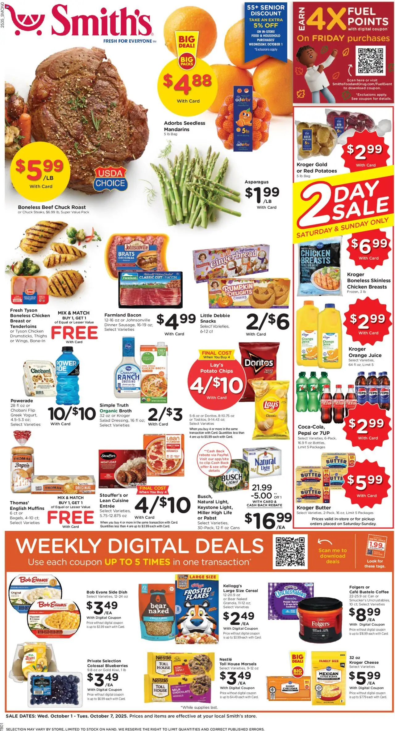 Ad Preview of Smith's Weekly Ad - NM from 10/01/2025 - Coffee, Cookies, Butter, Bacon, Beef, Peanut butter, Chicken mix, Chicken