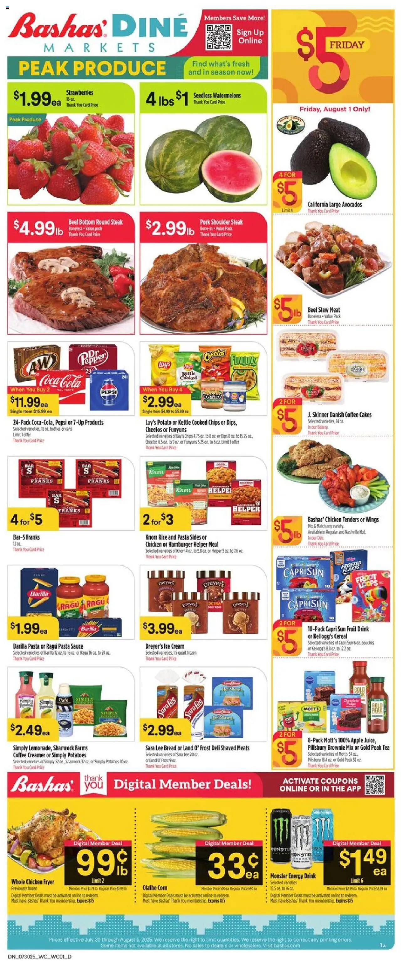 Basha's Dine from 07/30/2025 - Flyer - Page number 1 - Coffee, Pasta, Tea, Chips, Meat, Pork, Sauce, Chicken