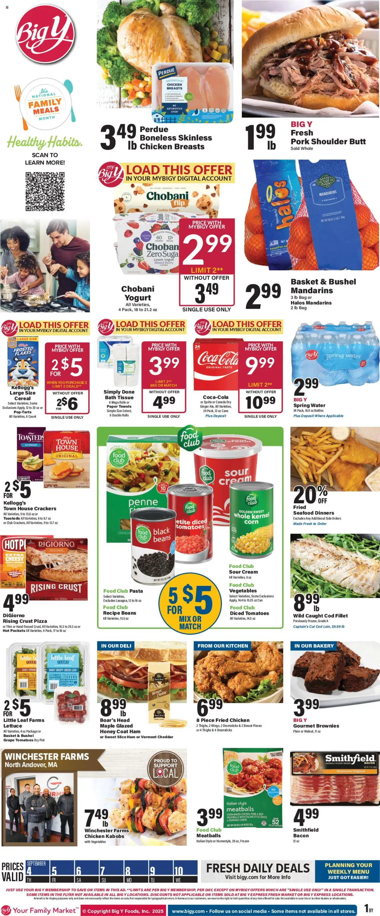 Big Y Weekly Ad from 09/04/2025 - Flyer - Page number 1 - Tomatoes, Corn, Bacon, Bath, Pork, Cream, Paper towels, Drumsticks