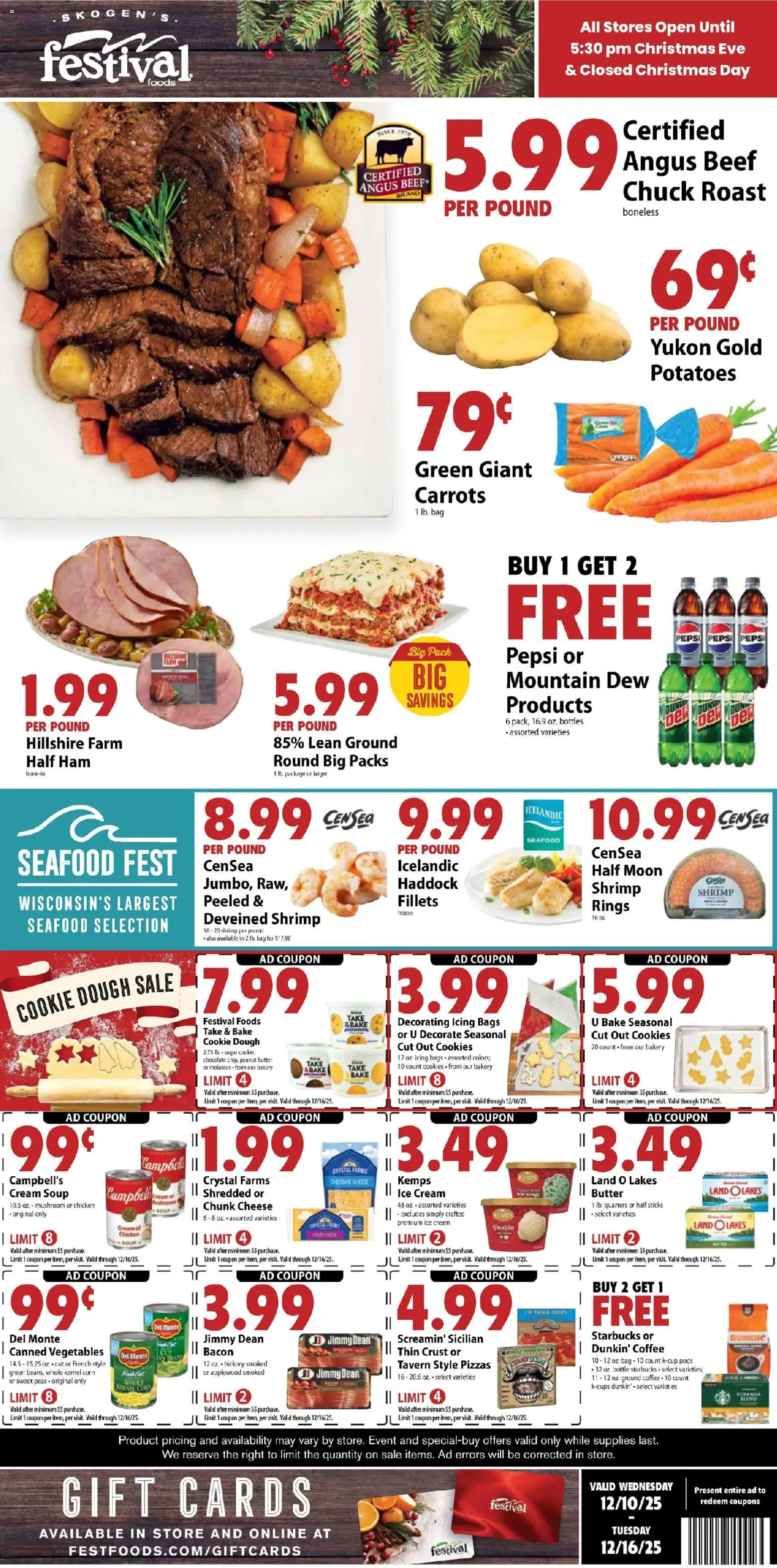 Ad Preview of Festival Foods Weekly Ad from 12/10/2025 - Seafood, Cookies, Ice, Shrimp, Pepsi, Beef, Peanut butter, Dough