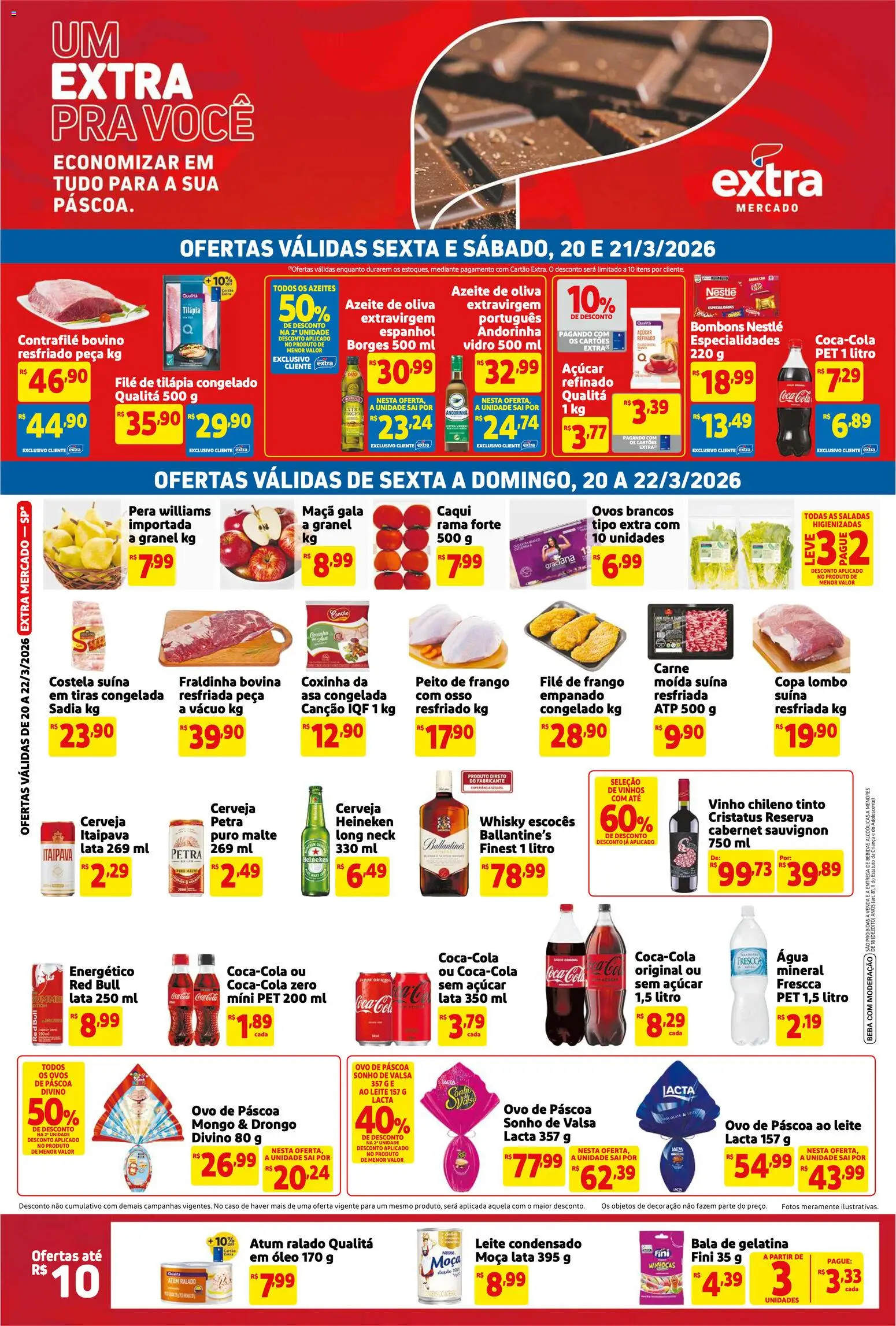 Pré-Visualização do folheto "Extra ofertas Fim de semana Mercado" da loja Extra válido a partir de 20/03/2026 - Ovo de páscoa, Sonho, Decoração, Óleo, Frango, Azeite, Filé de frango, Lombo