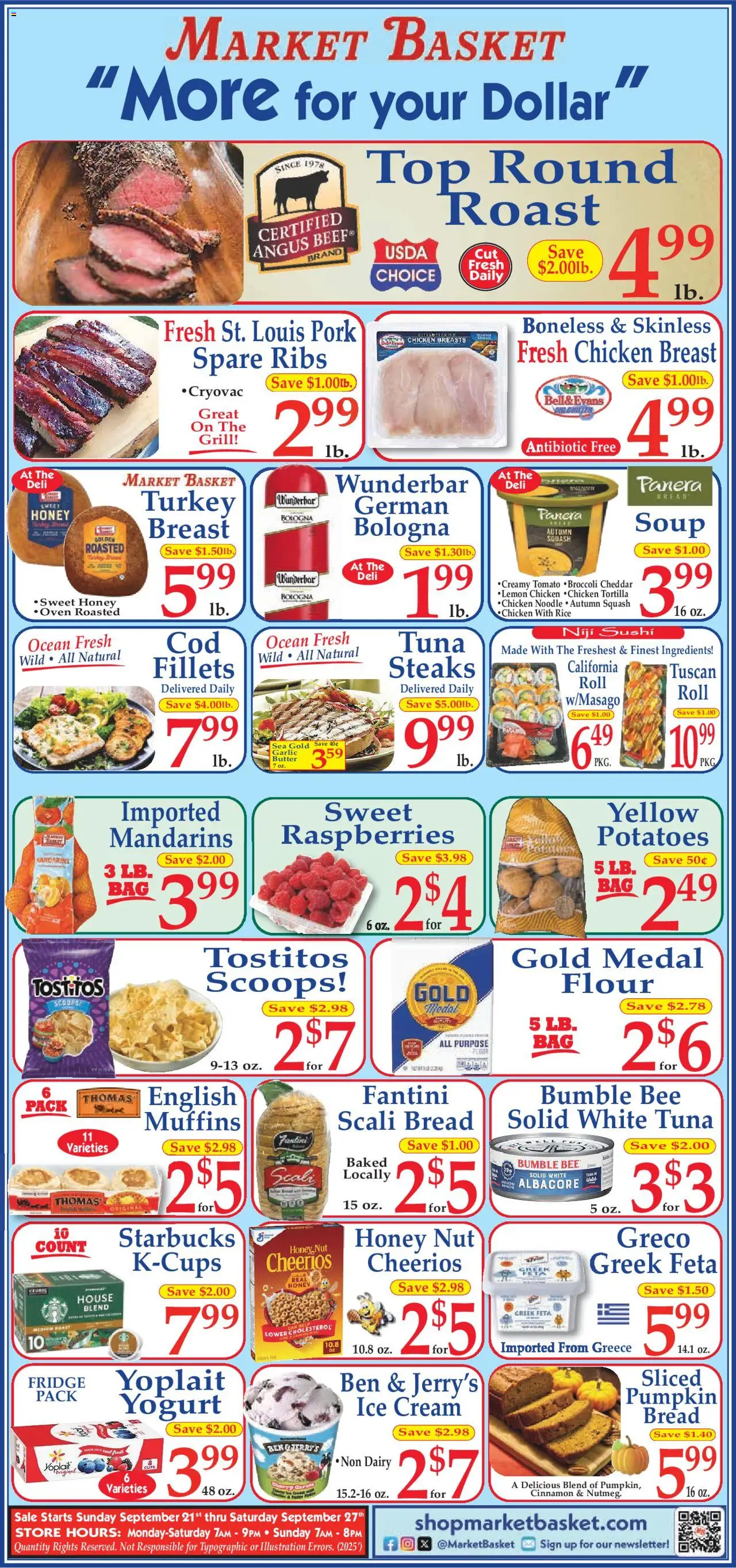 Market Basket Ad from 09/21/2025 - Flyer - Page number 1 - Butter, Rice, Tuna, Cream, Garlic, Oven, Muffins, Chicken