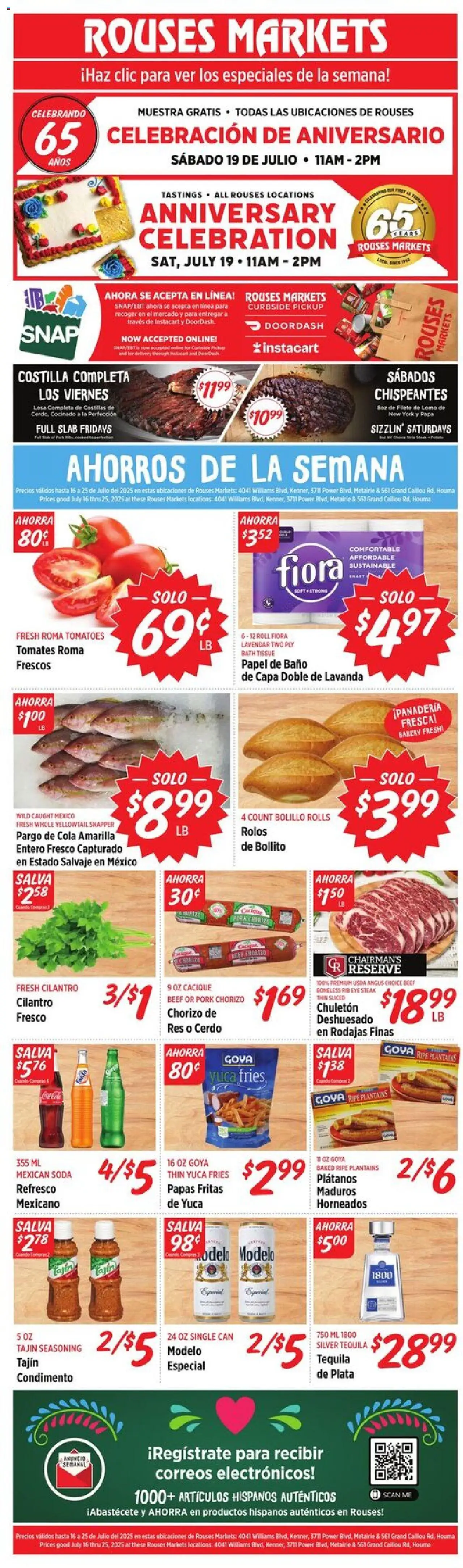 Rouses Ad from 07/16/2025 - Flyer - Page number 1 - Bakery, Bath, Tequila, Pork, Tomatoes, Beef, Steak
