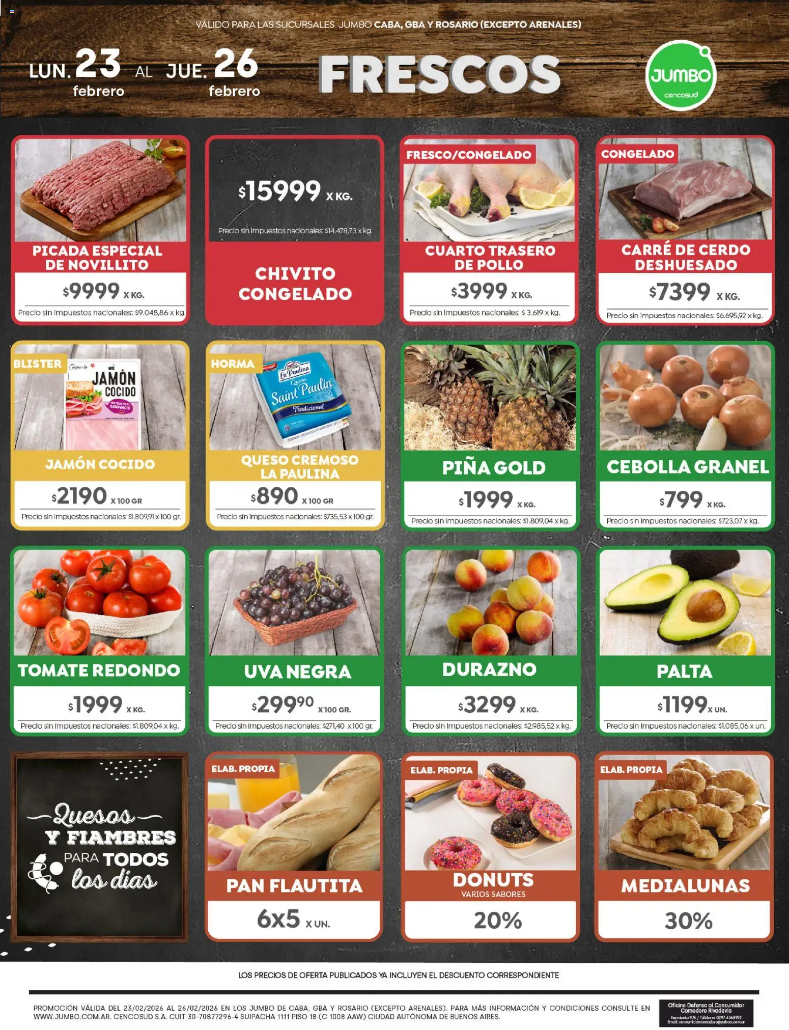 Vista previa del folleto de la tienda Jumbo válido desde el 23/02/2026 - Teléfono, Queso, Pan, Tomate, Palta, Uva, Cebolla, Piña