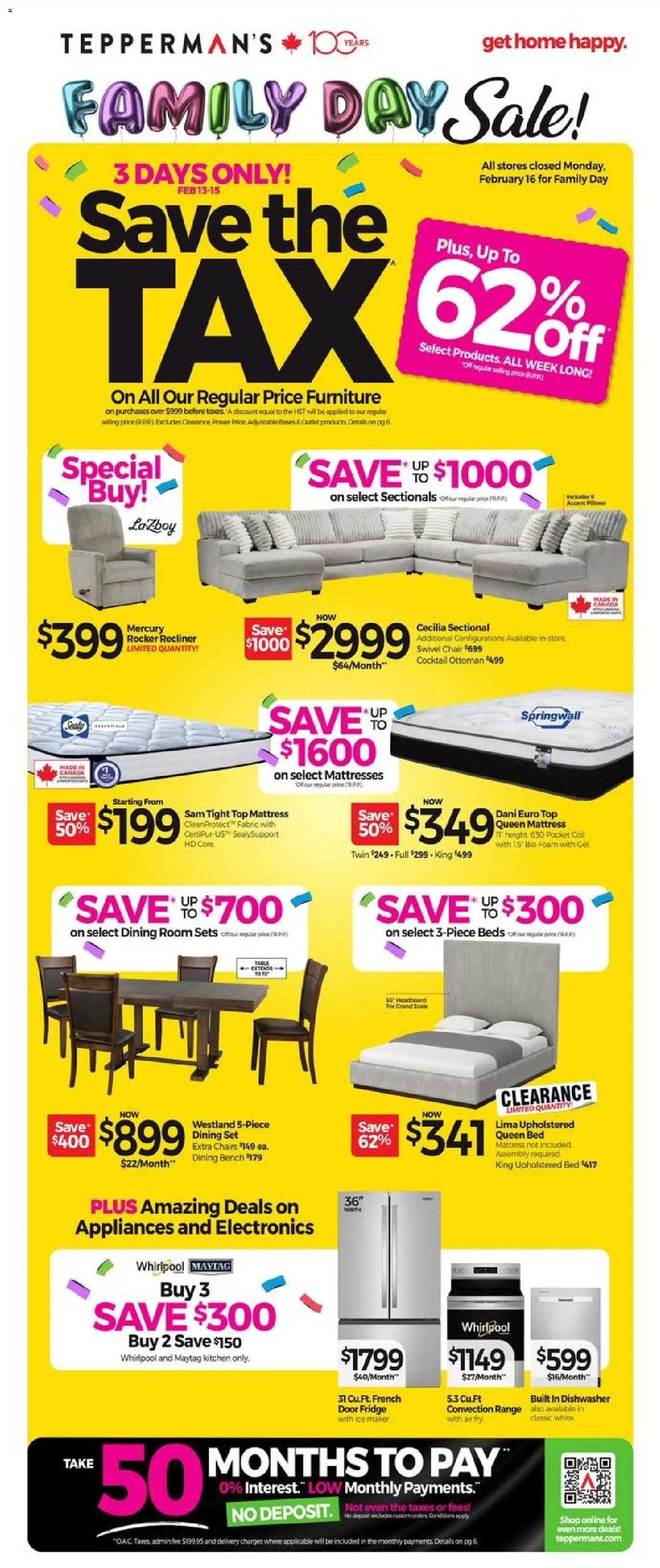 Preview of leaflet Weekly flyer / circulaire from shop Tepperman's is valid from Feb 13, 2026 - Mattresses, Mattress, Cocktail, Ice, Dishwasher, Chair, Door, Chairs