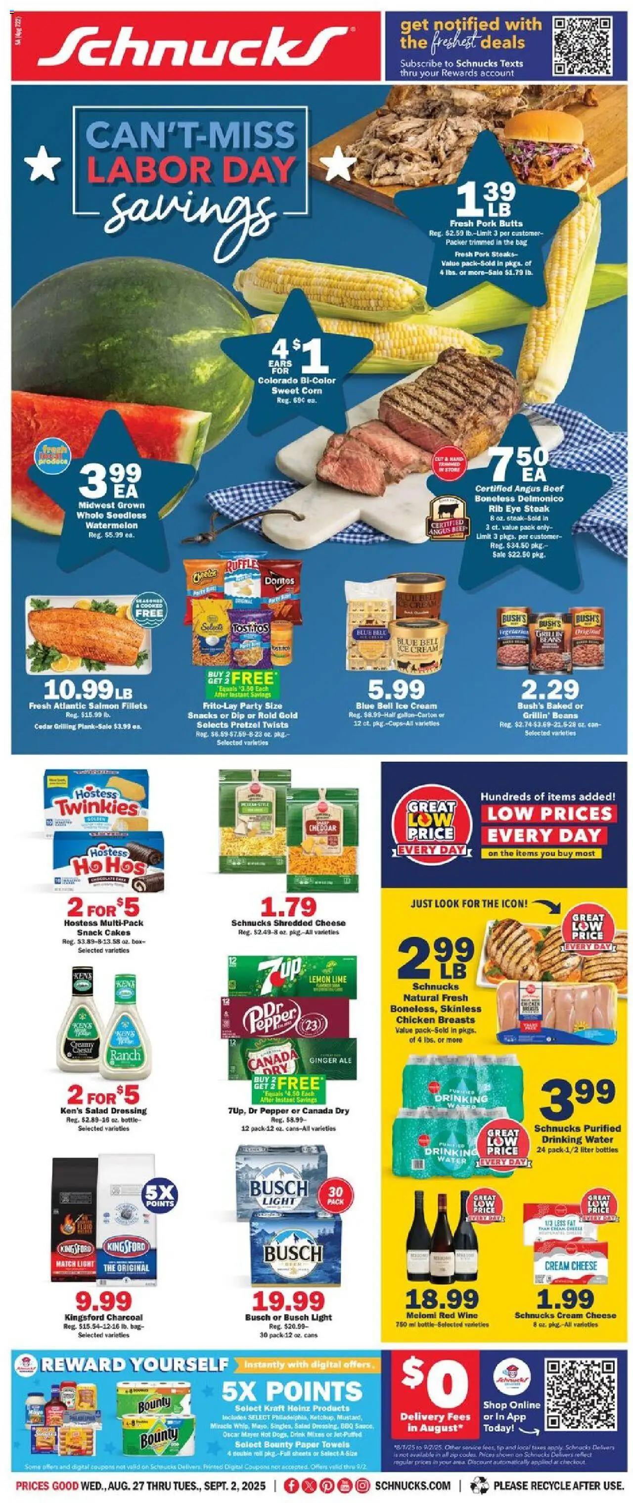 Schnucks Weekly Print Ad - IL from 08/27/2025 - Flyer - Page number 1 - Ice, Corn, Bag, Chicken breasts, Cream, Red wine, Paper towels, Chicken
