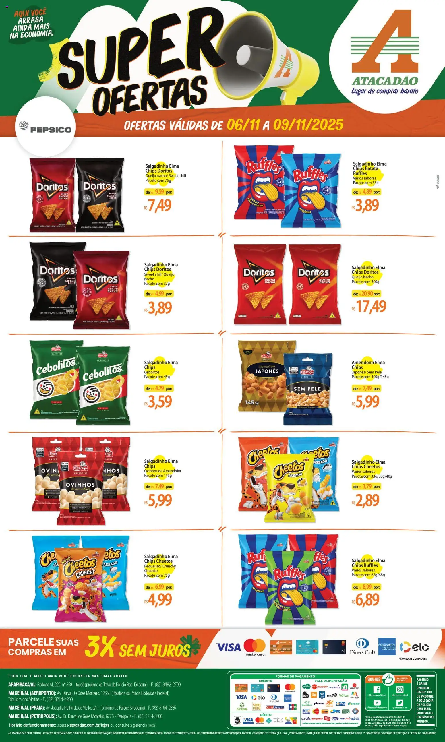 Pré-Visualização do folheto "Ofertas - AL" da loja Atacadão válido a partir de 06/11/2025 - Amendoim, Amendoins, Queijo, Cheetos, Batata, Elma Chips, Cheddar, Salsa