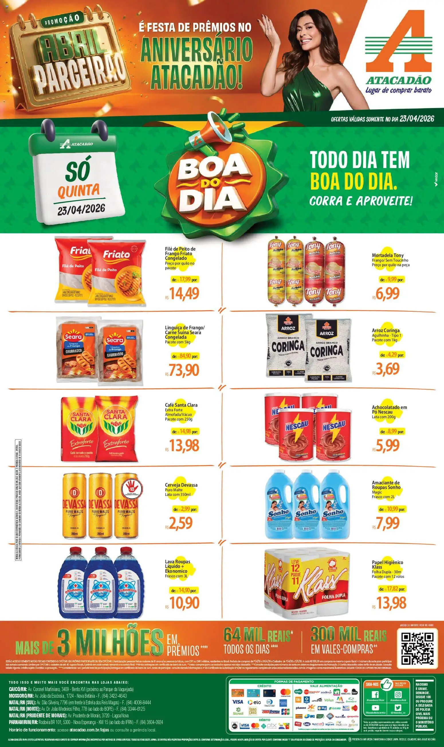 Pré-Visualização do folheto "Atacadão ofertas - RN" da loja Atacadão válido a partir de 23/04/2026 - Roupas, Bebida, Carne, Frango, Nescau, Mortadela, Amaciante, Friato
