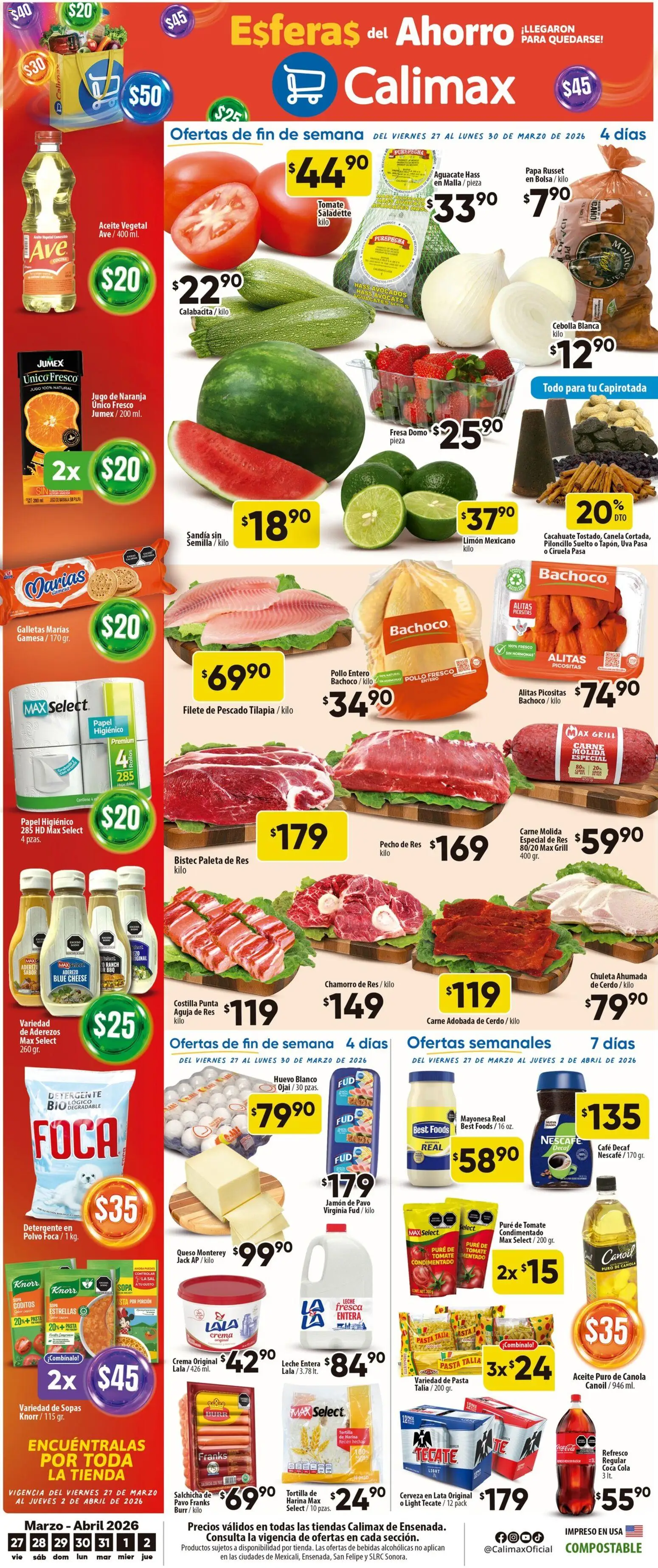 Vista previa las ofertas de la tienda Calimax - Calimax folleto Ensenada desde el 27/03/2026 - Bolsa, Huevo, Aceite, Cerdo, Harina, Sopas, Chuleta, Cerveza en lata