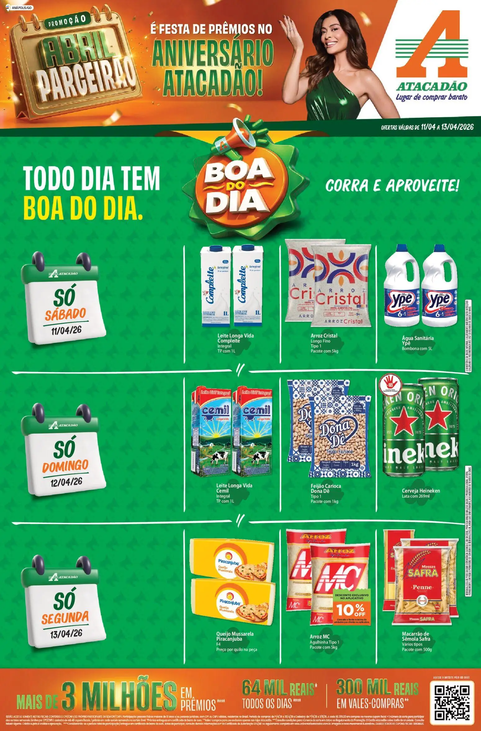 Pré-Visualização do folheto "Atacadão ofertas - GO" da loja Atacadão válido a partir de 11/04/2026 - Cerveja, Macarrão, Feijão, Leite, Mussarela, Alimentos, Água sanitária, Macarrão de sêmola