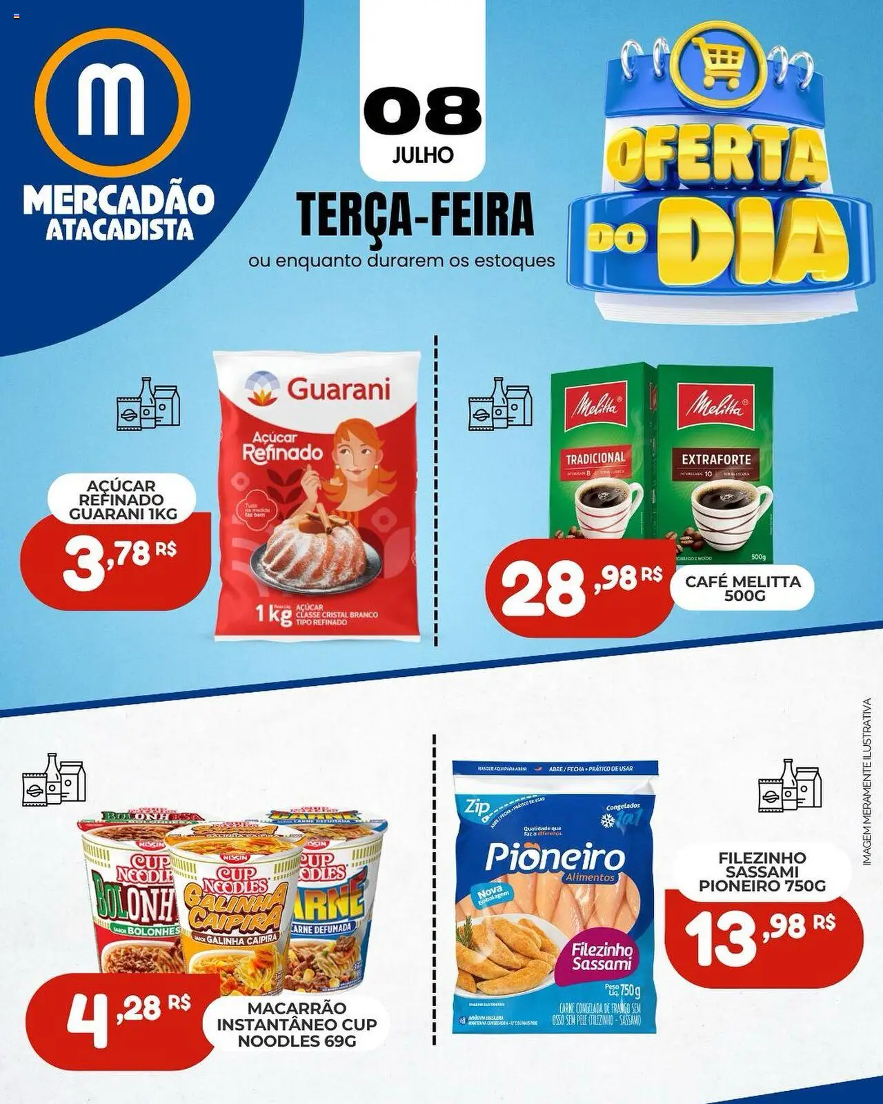 Mercadão Atacadista folheto "Ofertas do Dia" válido a partir de 08/07/2025 - número de página 1 - Café, Macarrão, Carne, Alimentos, Açúcar, Frango