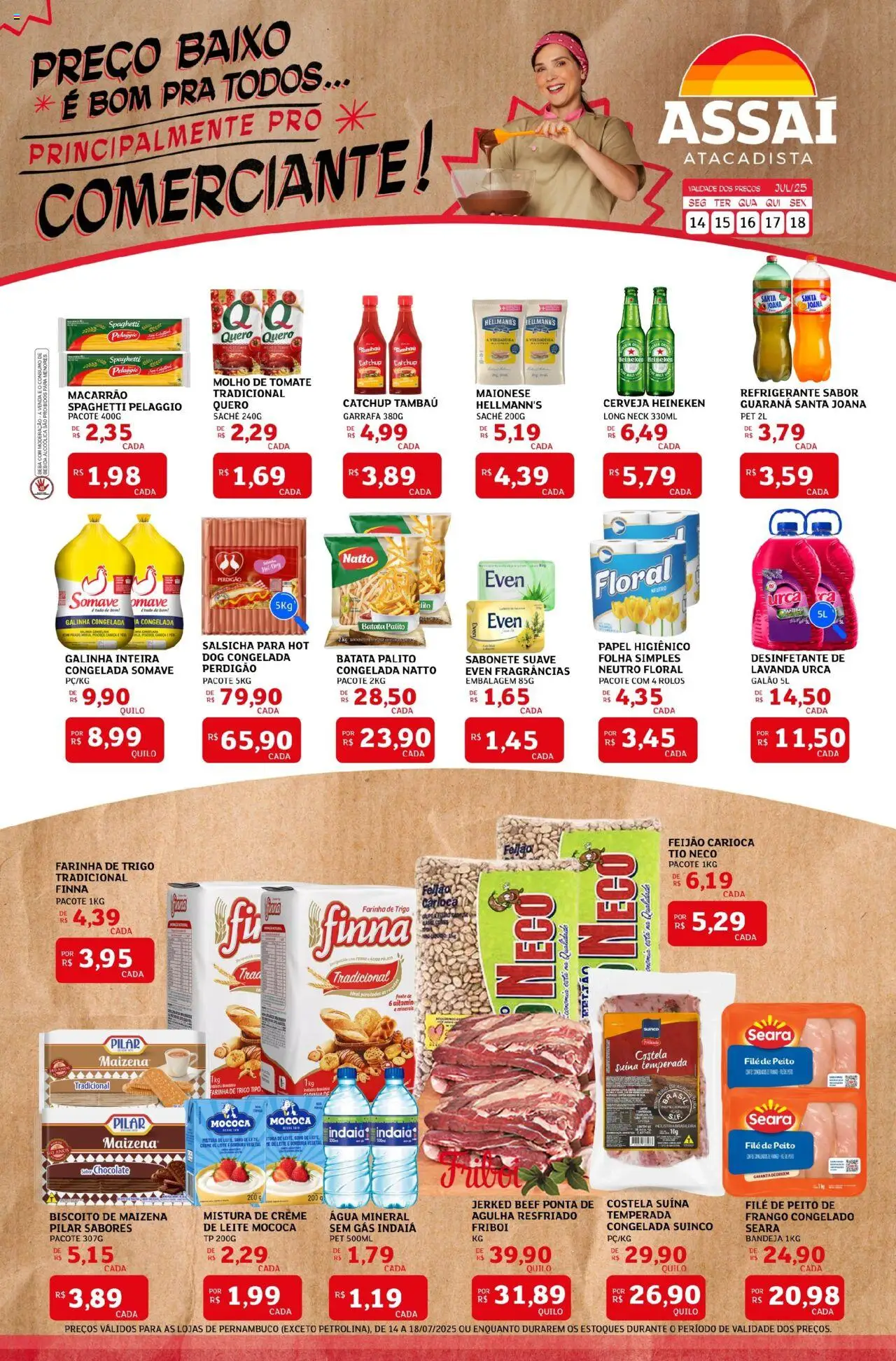 Assaí Atacadista folheto "Encarte - PE" válido a partir de 14/07/2025 - número de página 1 - Farinha, Molho de tomate, Salsicha, Leite, Cerveja, Água, Baixo, Frango