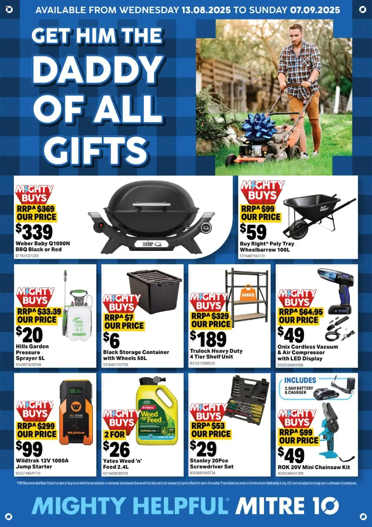 Mitre 10 catalogue valid from 13/08/2025 - page 1 - Shelf, Battery, Charger, Compressor, Wheelbarrow, Weed, Chainsaw, Air compressor