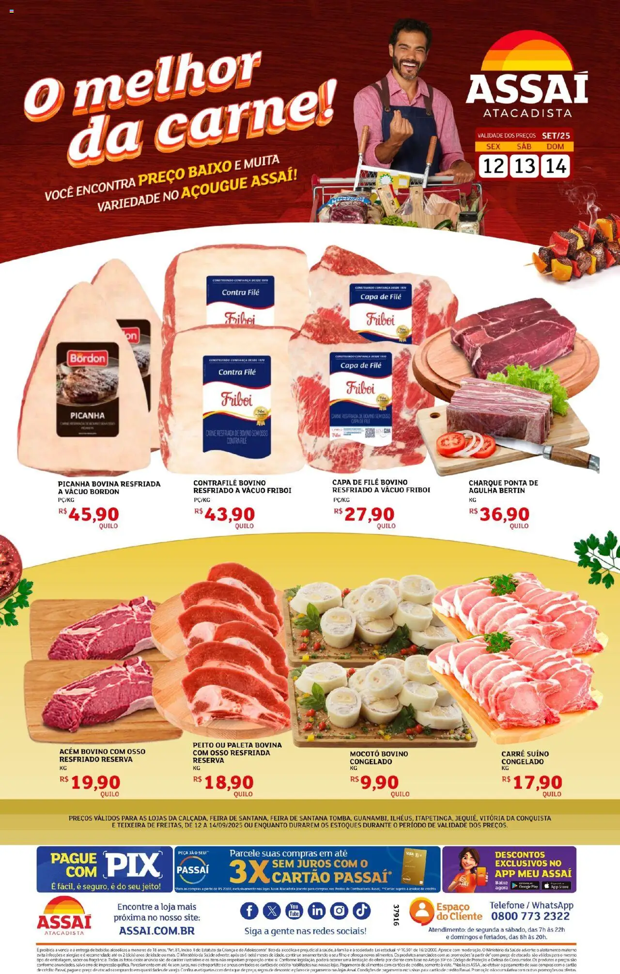 Assaí Atacadista folheto "Encarte - BA" válido a partir de 12/09/2025 - número de página 1 - Telefone, Picanha, Bebidas, Pneus, Base, Carne, Baixo, Contra filé