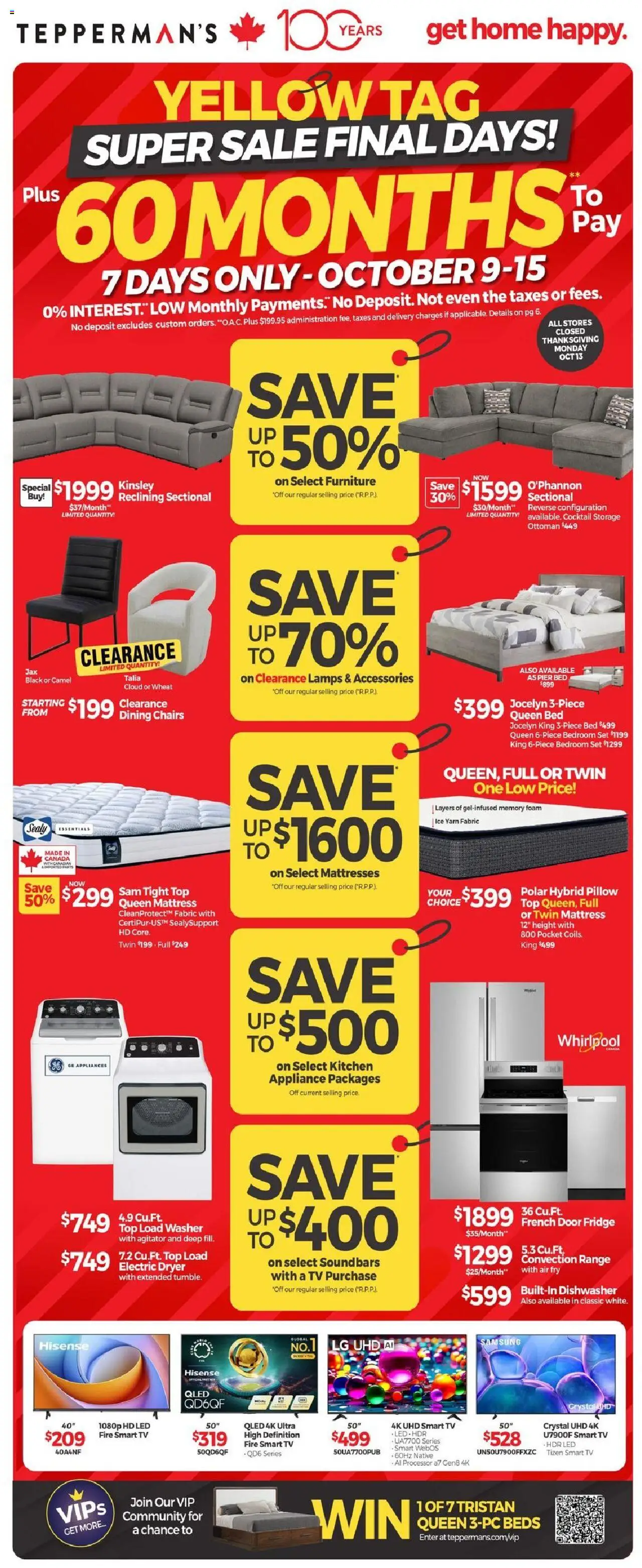 Tepperman's flyer valid from Oct 09, 2025 - page number 1 - Tv, Mattress, Cocktail, Ice, Bed, Door, Pillow, Dryer