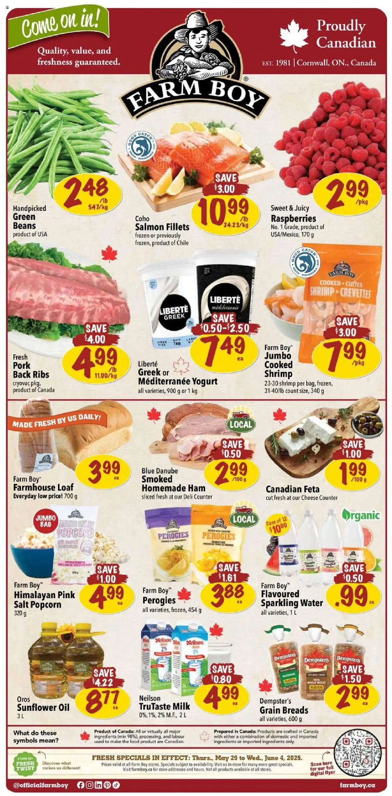 Farm Boy flyer valid from May 29, 2025 - page number 1 - Sunflower, Case, Shrimp, Popcorn, Food, Beans, Yogurt, Ham