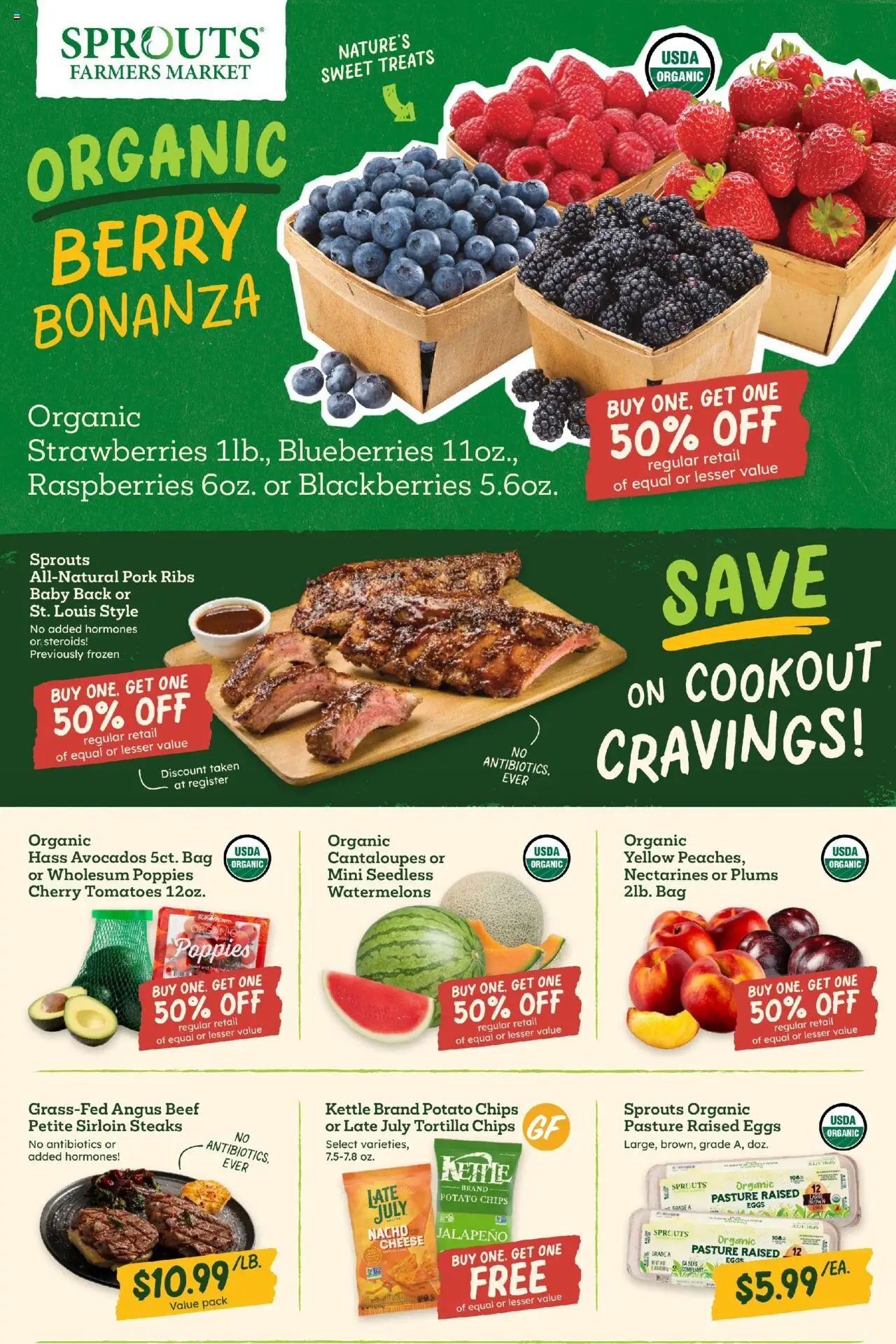 Sprouts Weekly Ad from 08/27/2025 - Flyer - Page number 1 - Eggs, Chips, Tomatoes, Cantaloupes, Raspberries, Plums, Beef, Nectarines