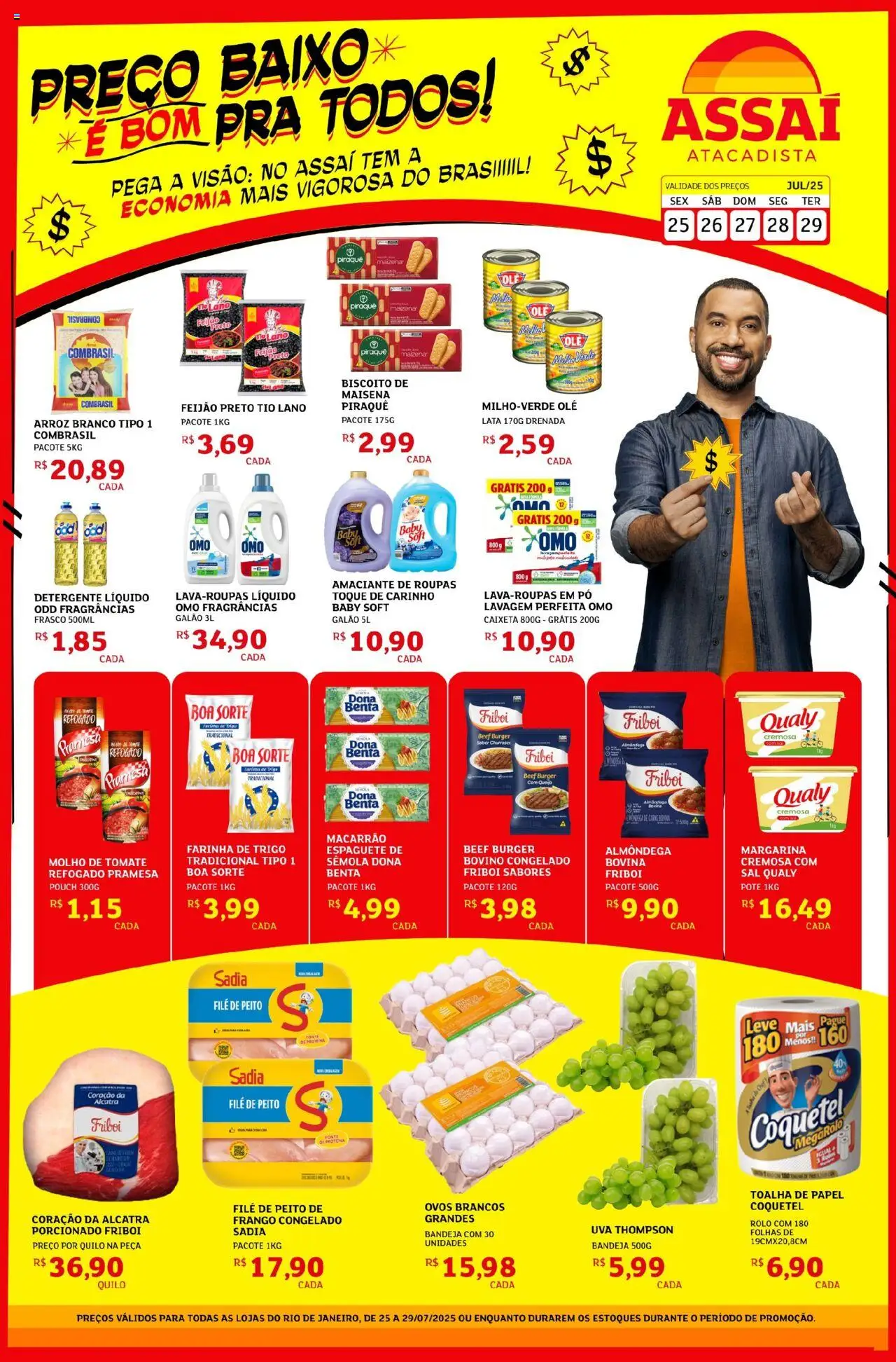 Assaí Atacadista folheto "Encarte - RJ" válido a partir de 25/07/2025 - número de página 1 - Macarrão, Biscoito, Frango, Tomate, Amaciante, Pó, Alcatra, Farinha