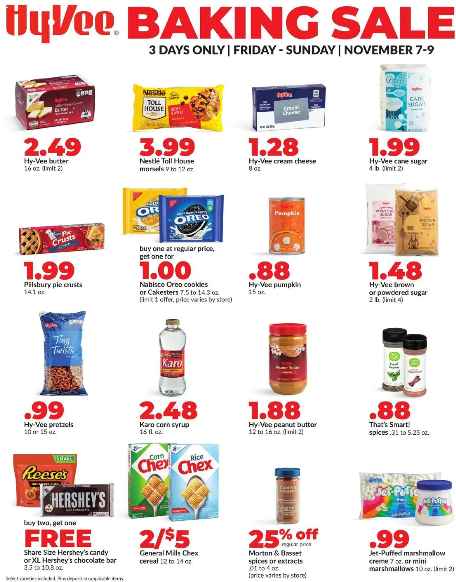 Ad Preview of HyVee Baking Sale from 11/07/2025 - Cookies, Candy, Cereal, Rice, Cream cheese, Peanut butter, Powdered sugar, Cane sugar