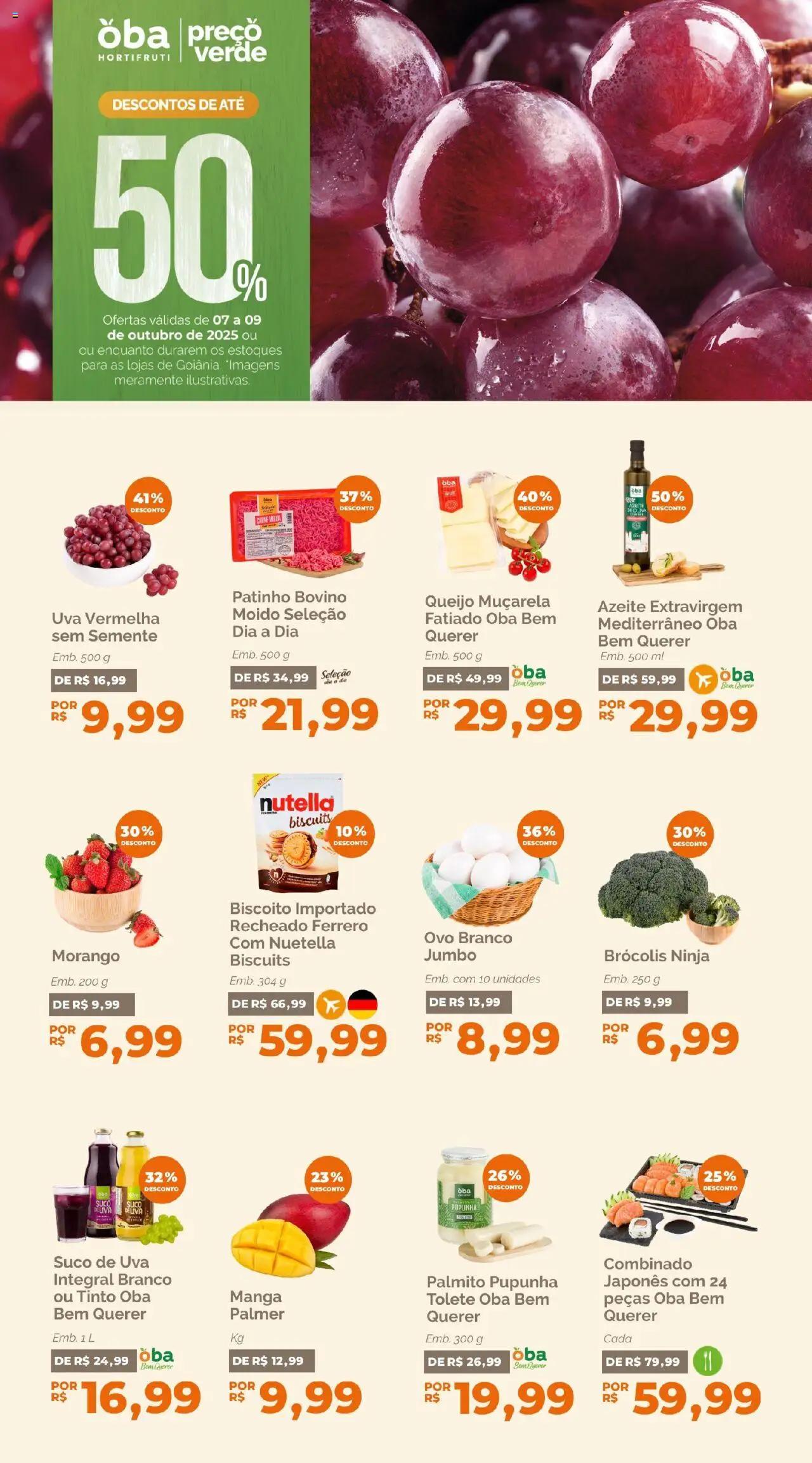 Oba Hortifruti folheto "Ofertas da semana" válido a partir de 07/10/2025 - número de página 1 - Manga, Nutella, Uva, Brócolis, Azeite, Suco, Palmito, Queijo muçarela